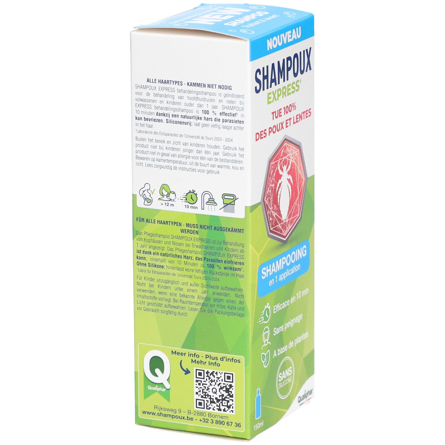 Rückseite der Shampoux Express Shampoo-Verpackung. Text und Anwendungsanweisungen in mehreren Sprachen.