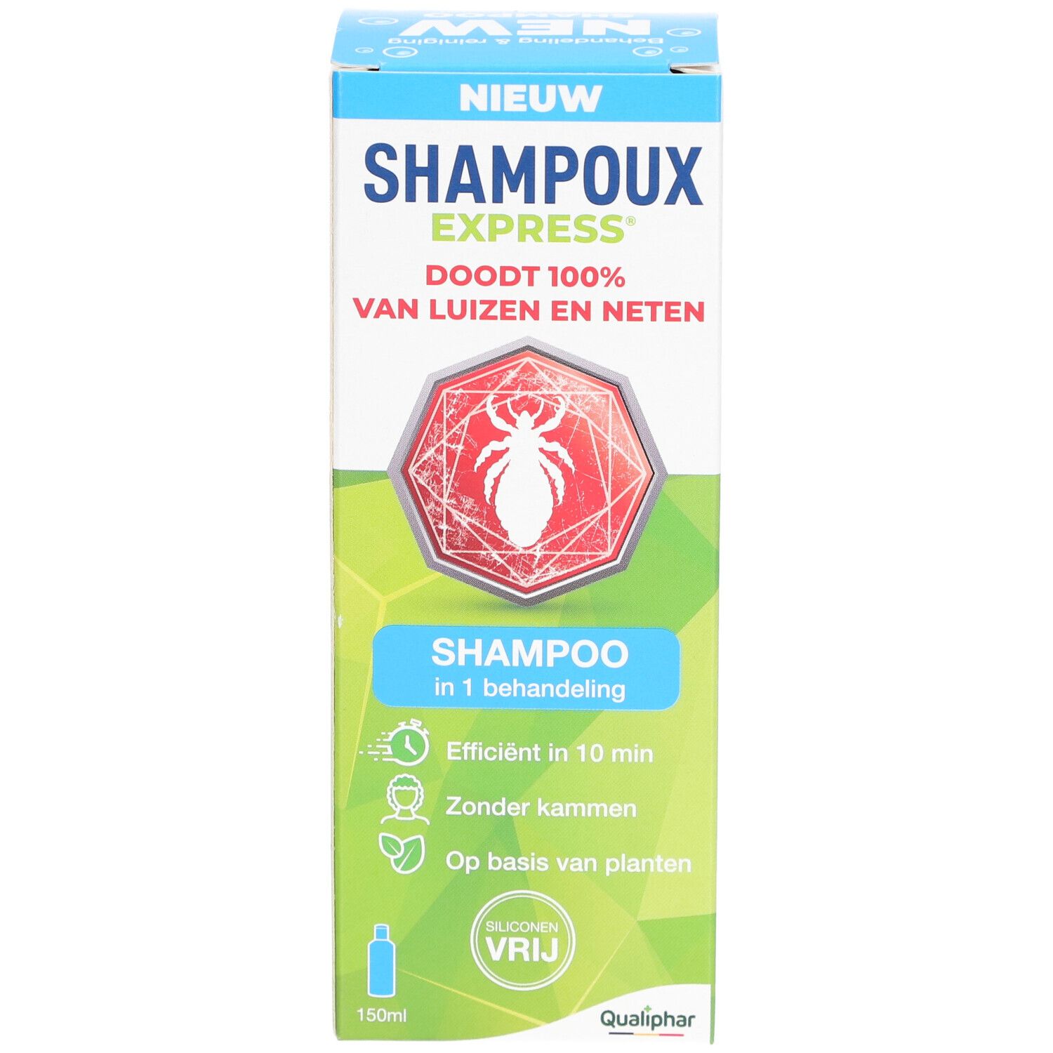Schachtel mit Shampoux Express Shampoo. Rotes Logo mit Insekt. Text: Shampoo, 1 Anwendung.