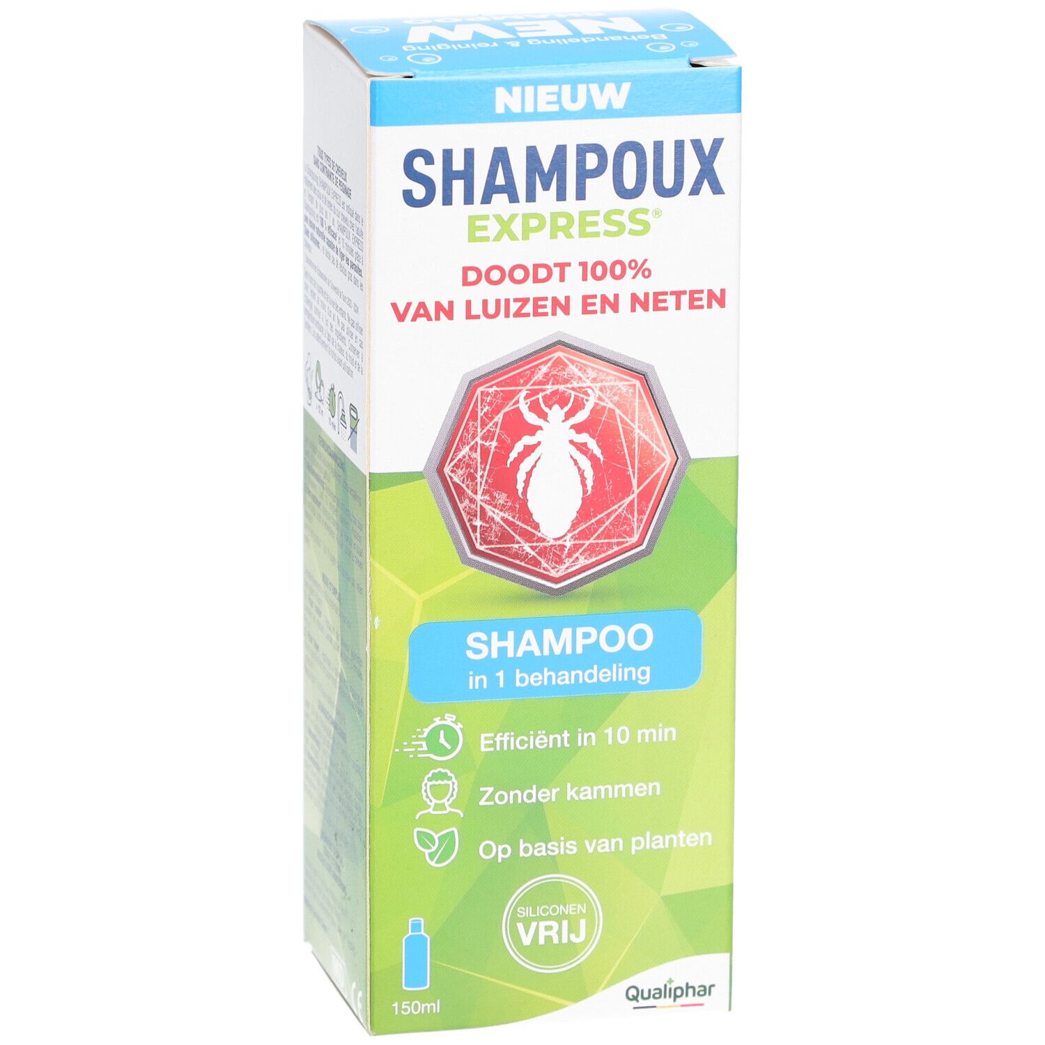 Schachtel mit Shampoux Express Shampoo. Rotes Logo mit Insekt. Text: Shampoo, 1 Anwendung.