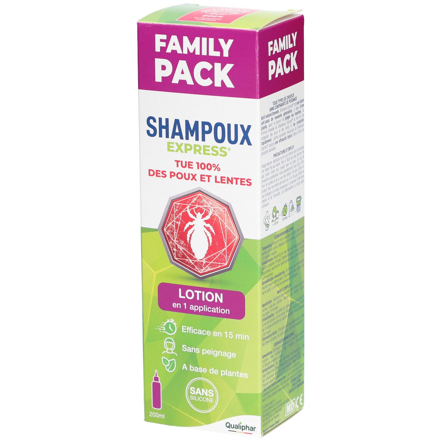 Schachtel Shampoux Express Lotion. Aufdruck: Tötet 100% Läuse und Nissen. Lotion in 1 Anwendung. Grün-weiß-rosa Design.