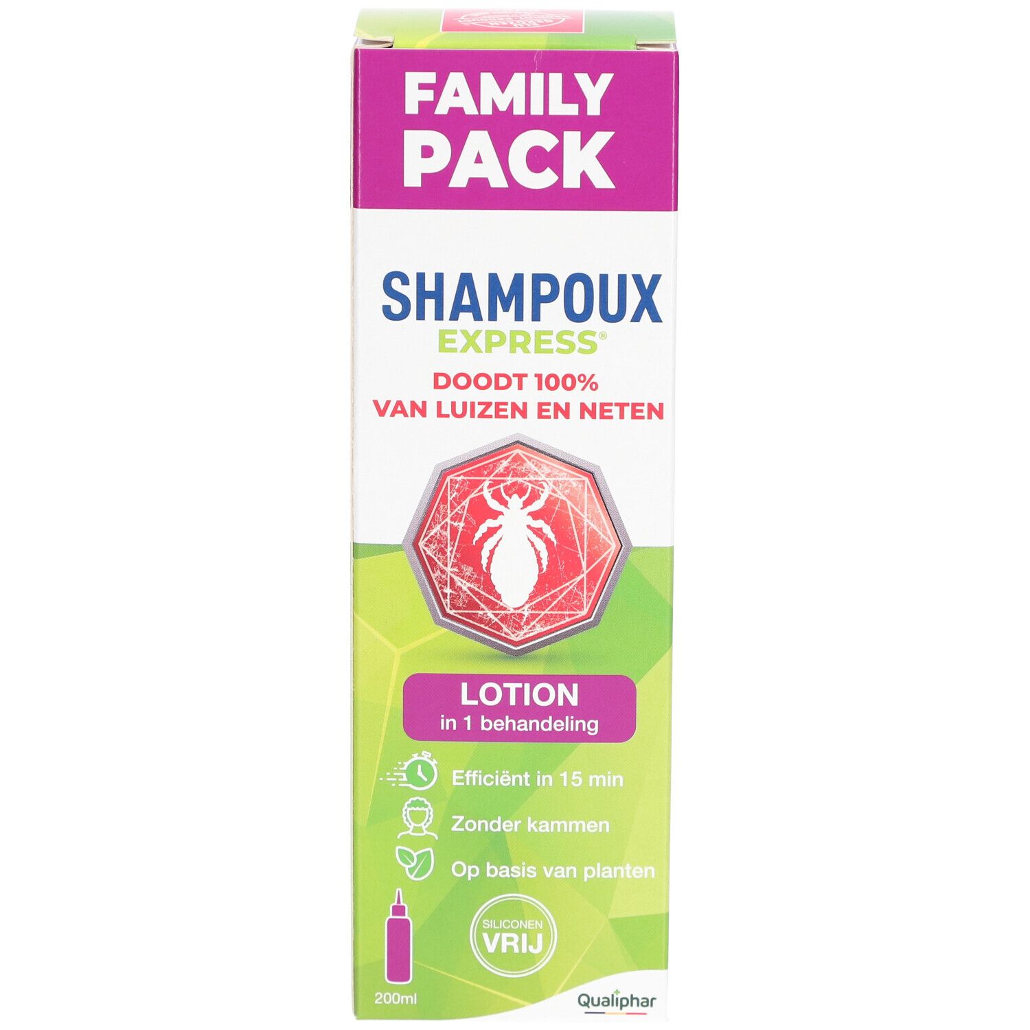 Schachtel Shampoux Express Lotion. Aufdruck: Tötet 100% Läuse und Nissen. Lotion in 1 Behandlung. Grün-weiß-rosa Design.