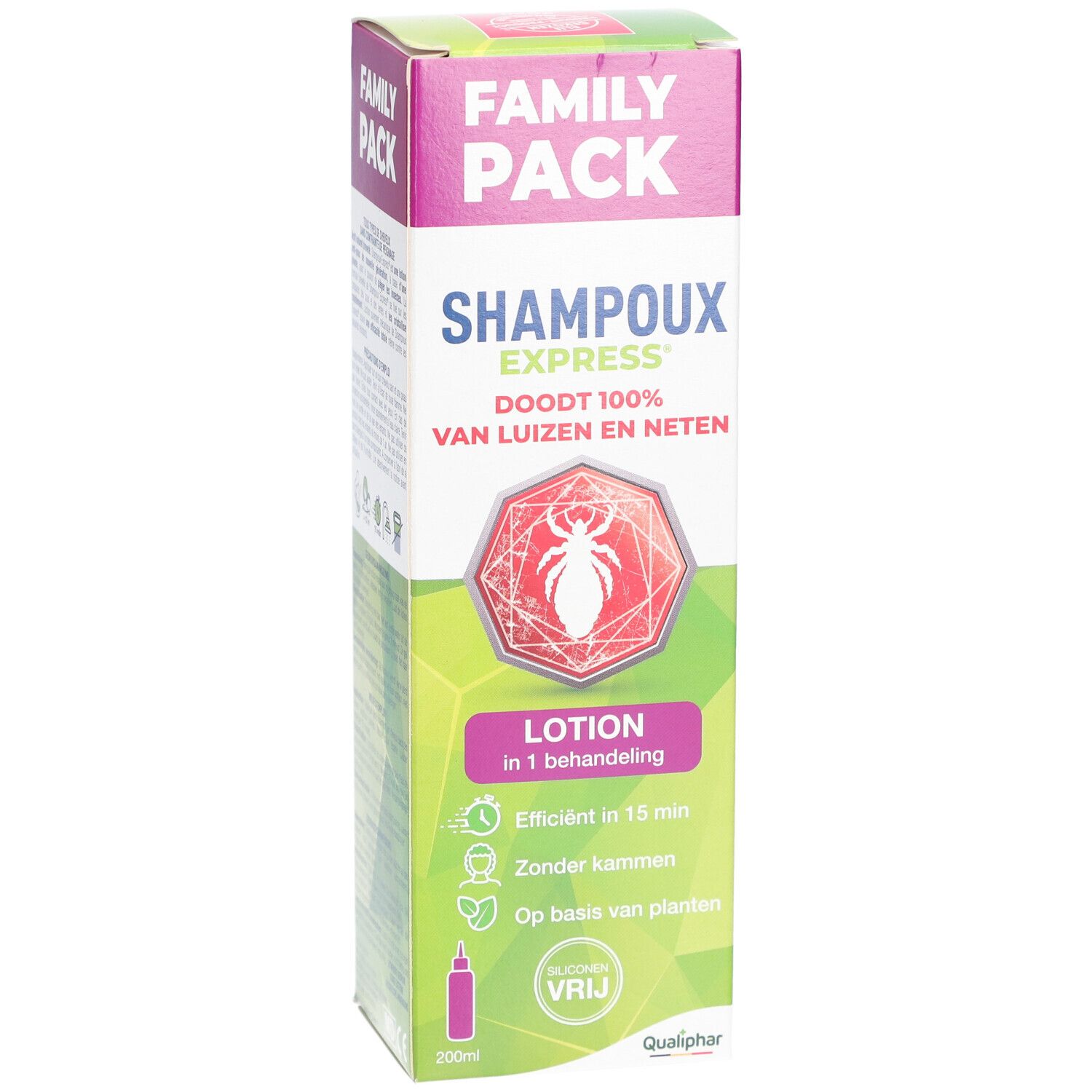Schachtel Shampoux Express Lotion. Aufdruck: Tötet 100% Läuse und Nissen. Lotion in 1 Behandlung. Grün-weiß-rosa Design.