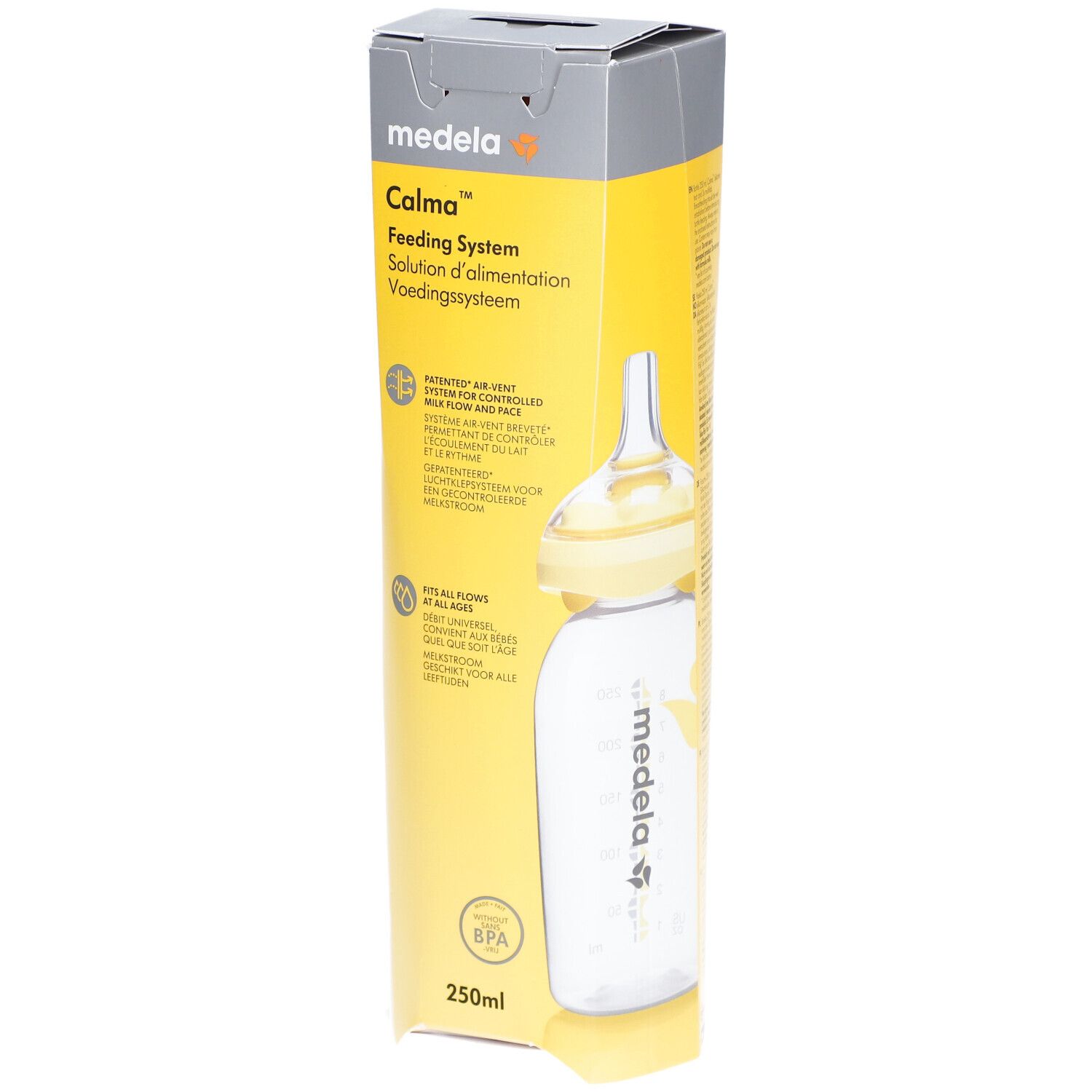 Emballage de biberon avec tétine. Boîte jaune et blanche avec nom et logo du produit. Sans BPA.