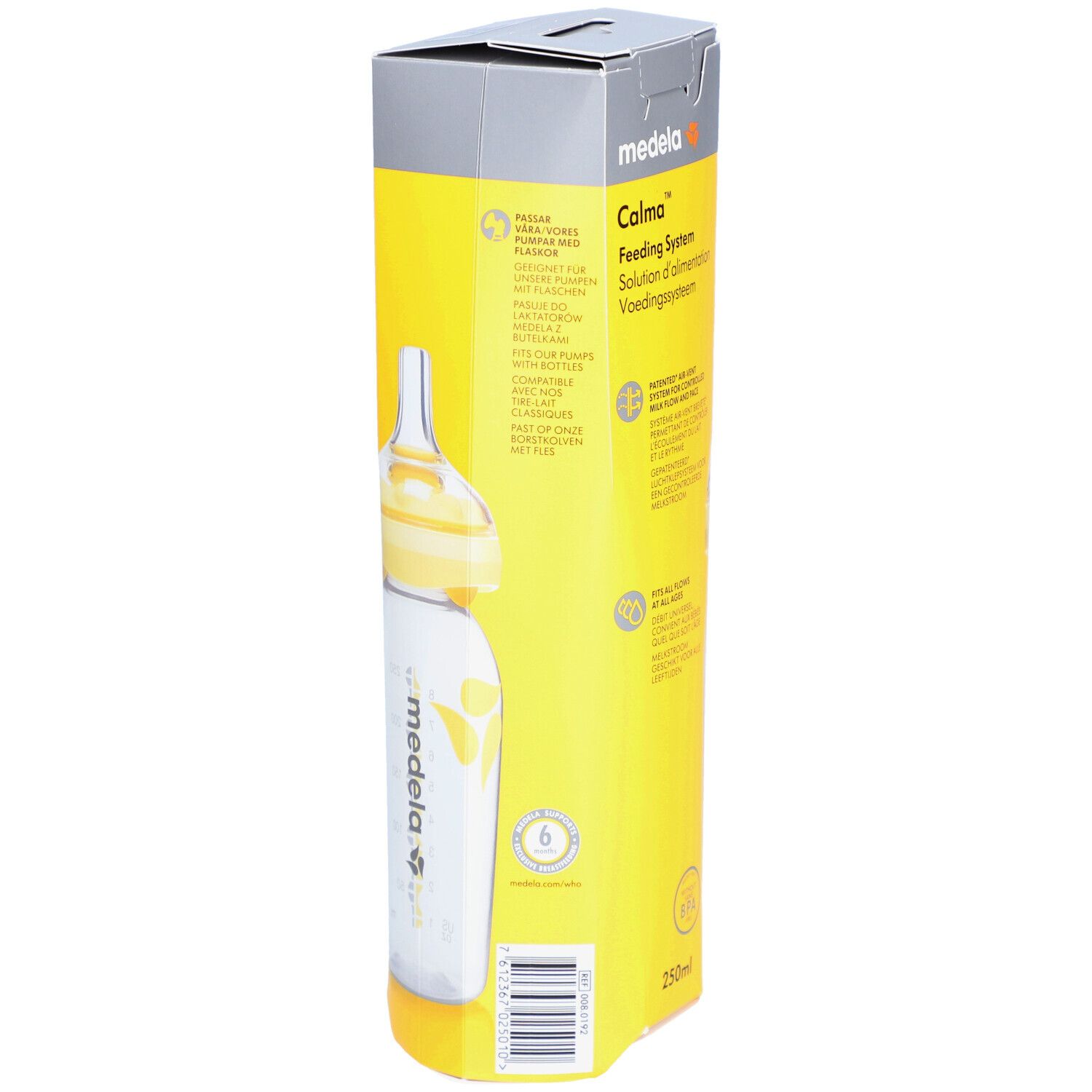 Dos de l'emballage du biberon. Boîte jaune et blanche avec informations sur le produit et code-barres.