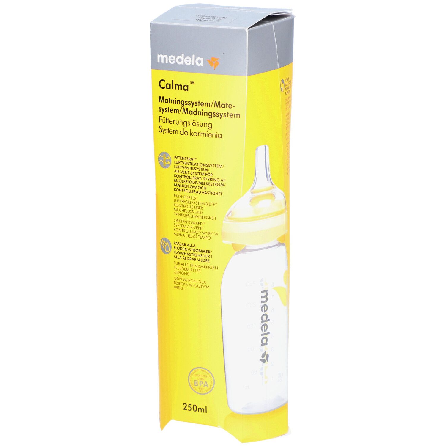Emballage de biberon. Boîte jaune et blanche avec nom et logo du produit. Informations multilingues.