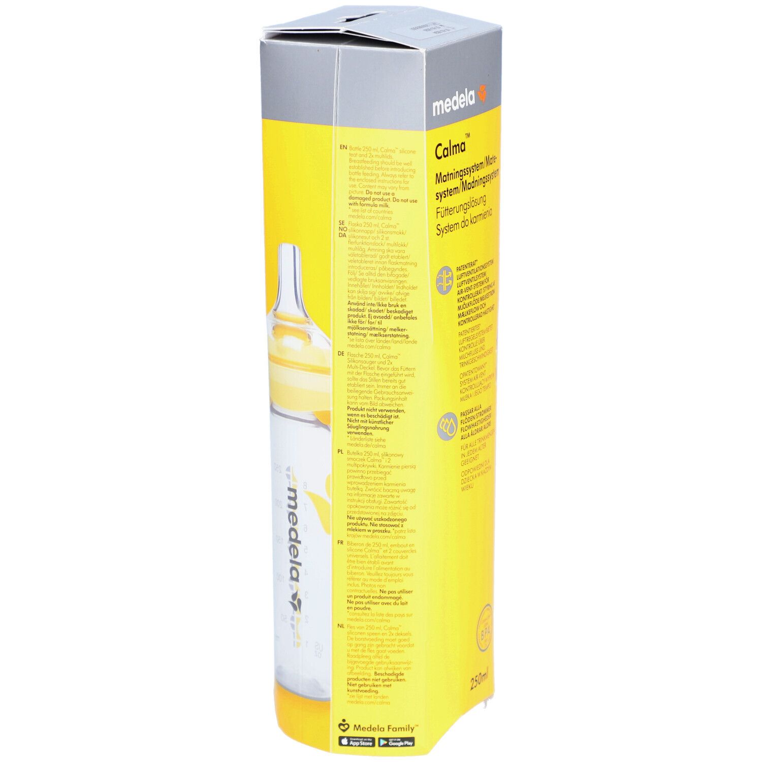 Dos de l'emballage du biberon. Boîte jaune et blanche avec informations produit en plusieurs langues.