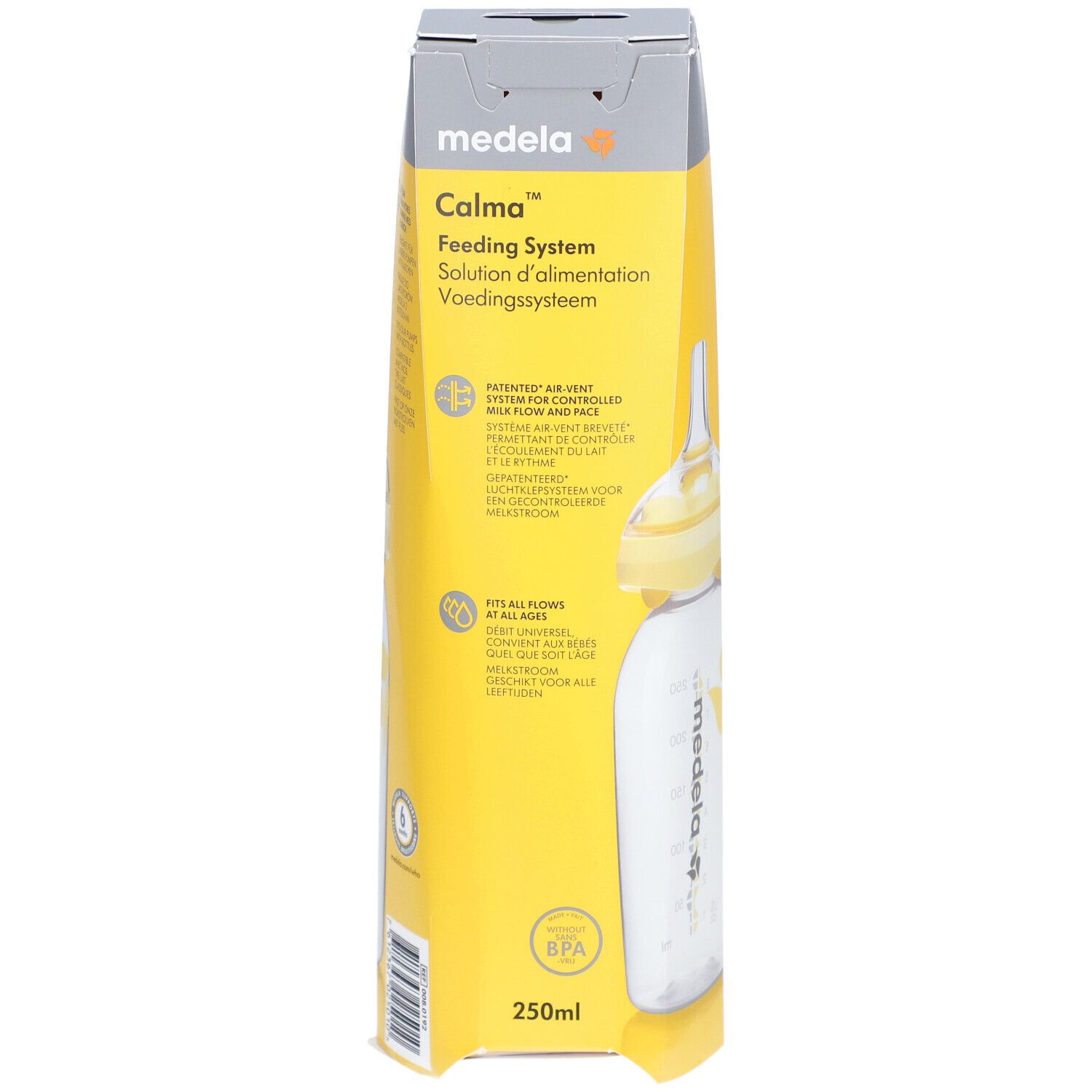Emballage de biberon. Boîte jaune et blanche avec nom et logo du produit. Système de ventilation breveté.