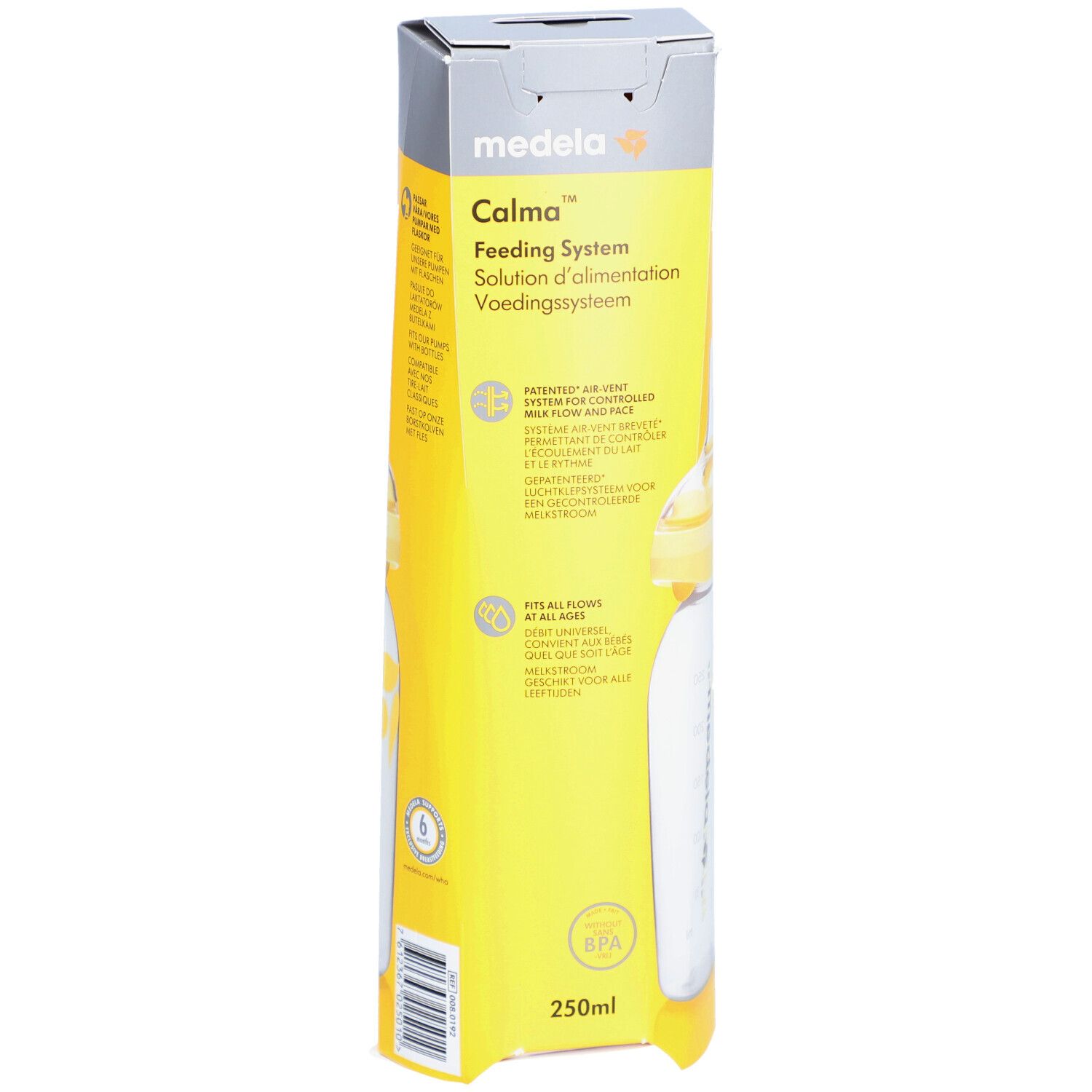 Emballage de biberon. Boîte jaune et blanche avec nom et logo du produit. Convient à tous les débits.