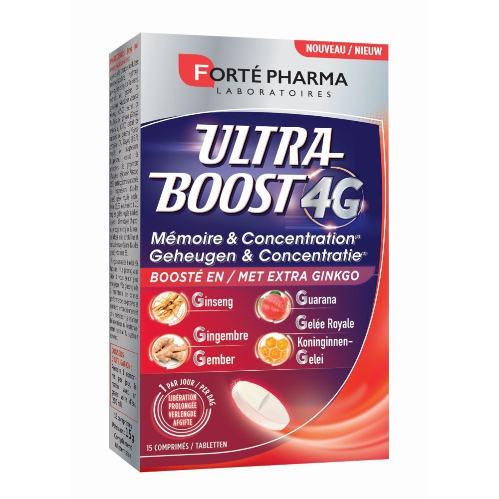 Boîte de Forté Pharma Ultraboost 4G. Contient des comprimés. Inscription: Ultra Boost 4G, Mémoire & Concentration.