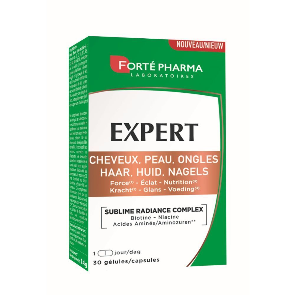 Groene doos met EXPERT. Bevat capsules voor haar, huid en nagels. Merk: Forté Pharma.