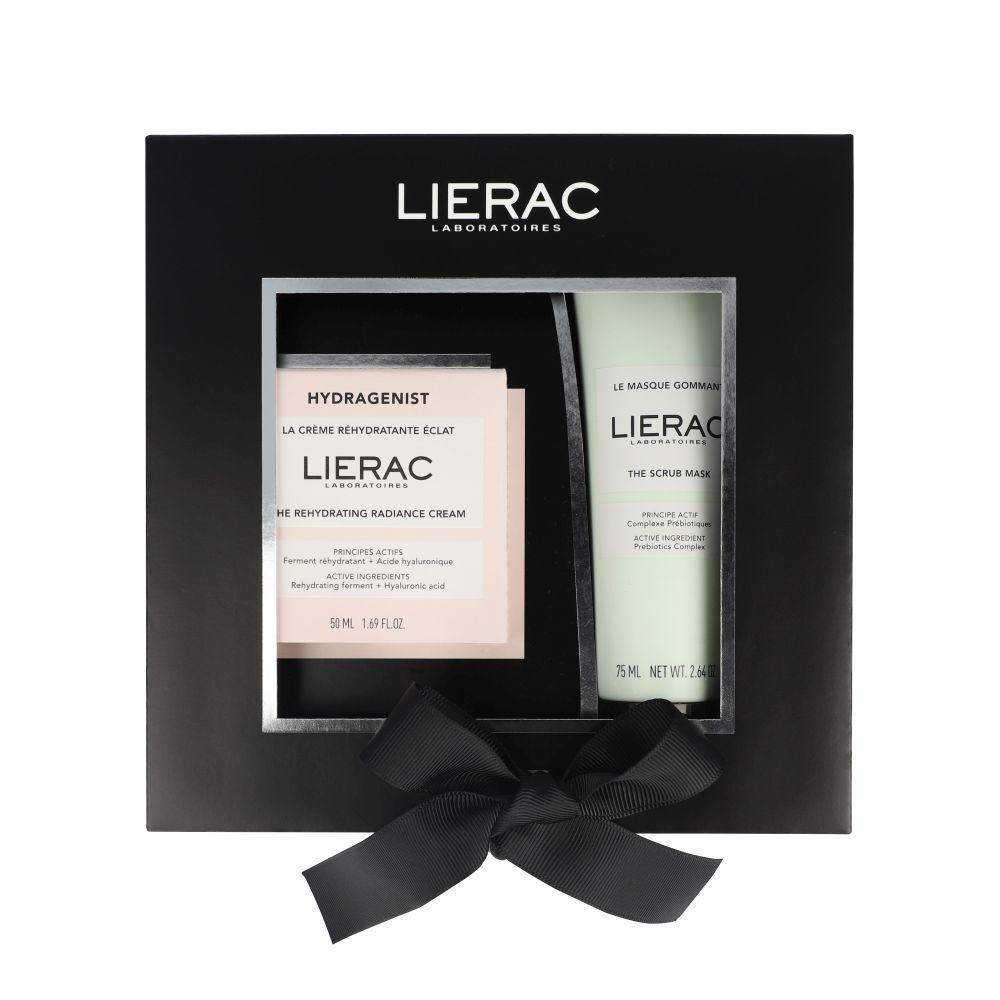 Coffret noir Lierac avec crème Hydragenist et masque gommant. Logo Lierac en haut. Ruban noir en bas.