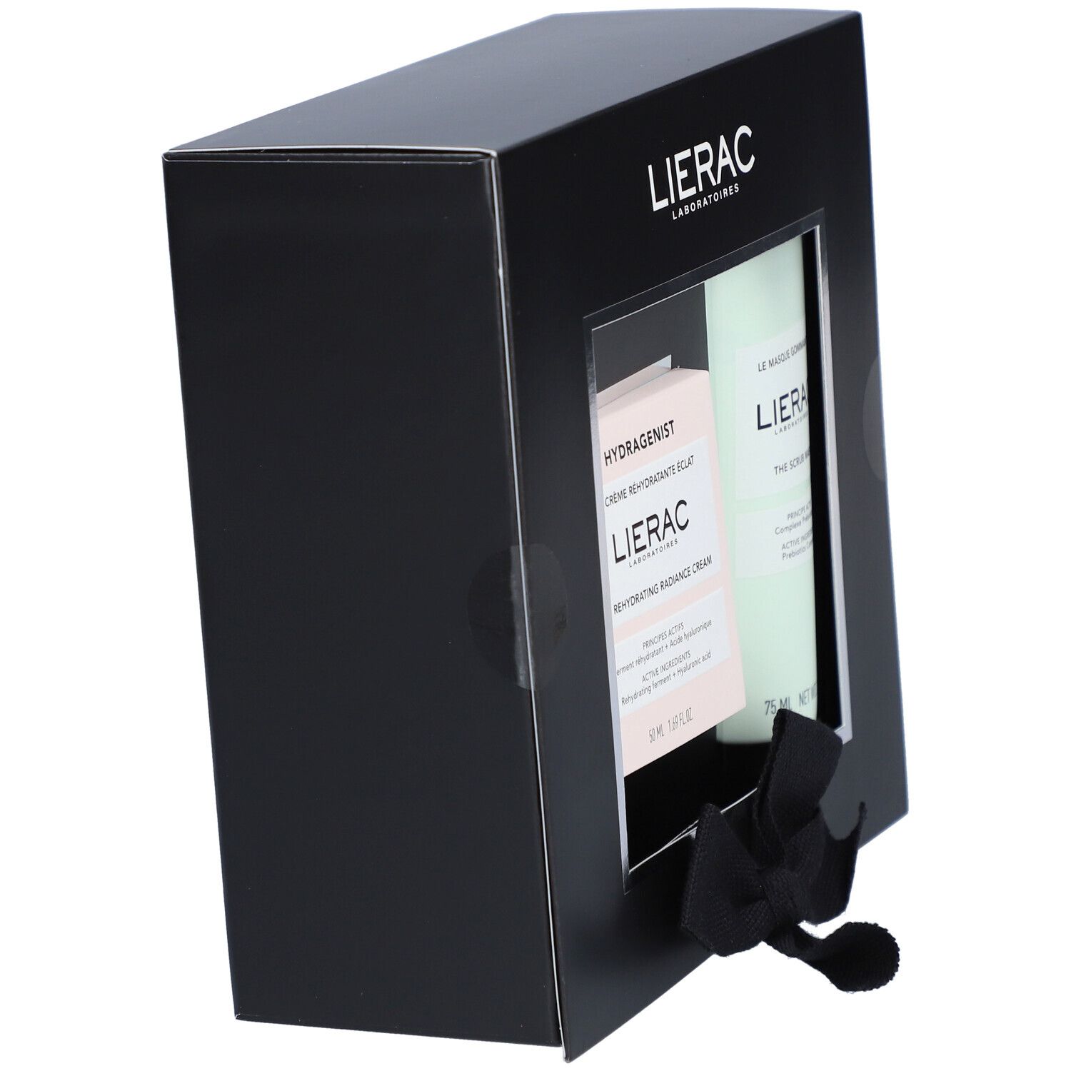 Coffret noir avec crème Hydragenist et masque gommant. Logo Lierac. Ruban noir. Vue latérale.