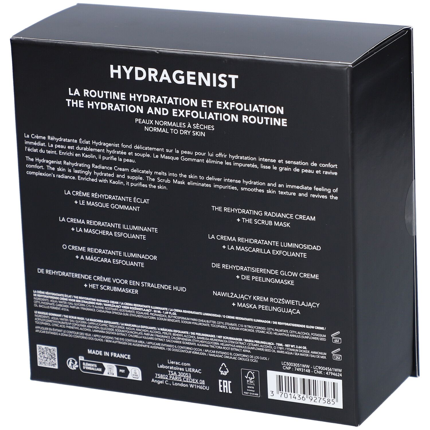 Coffret noir avec crème Hydragenist et masque gommant. Logo Lierac. Ruban noir. Vue oblique.