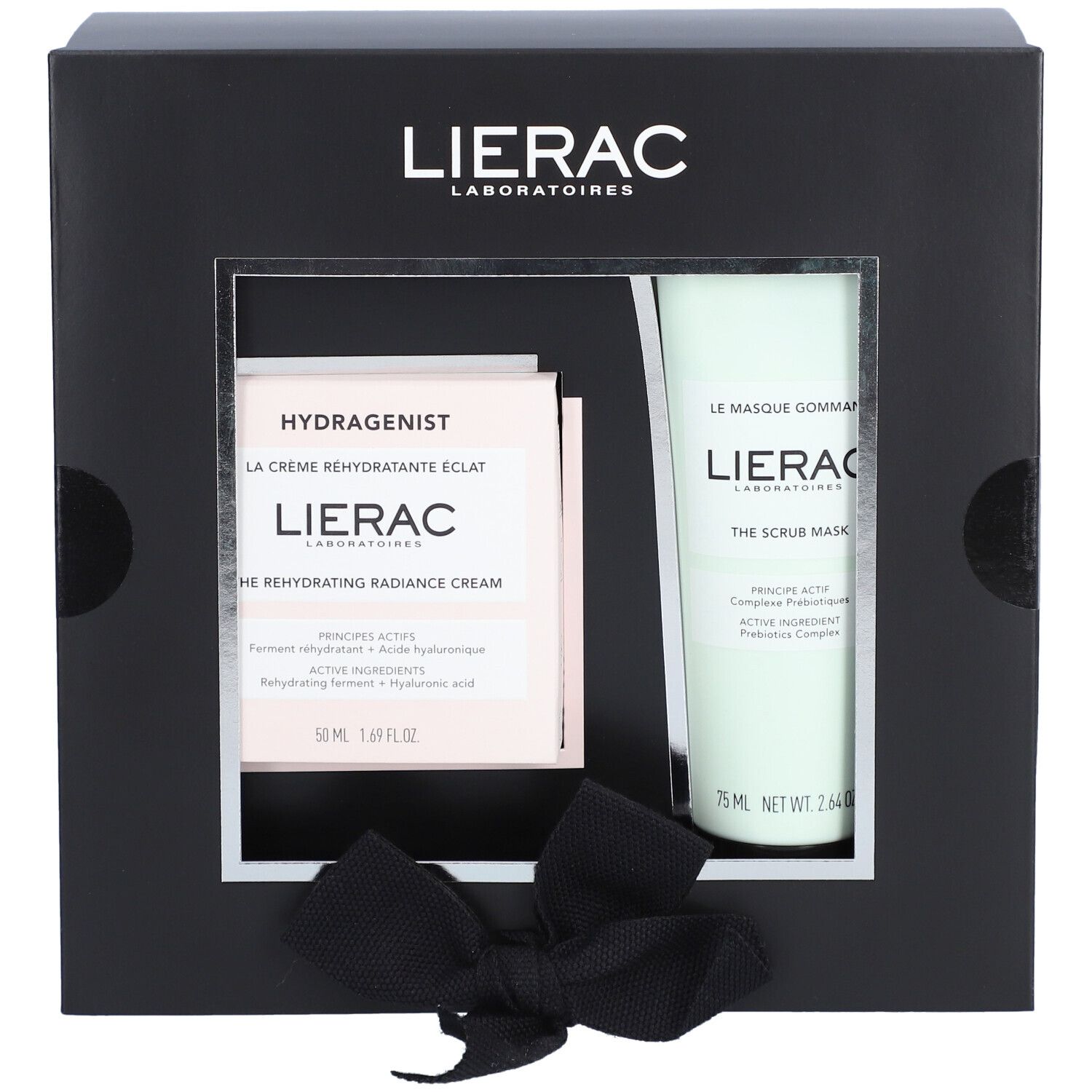 Coffret noir, vue oblique. Routine Hydragenist. Logo Lierac. Informations produit au dos.