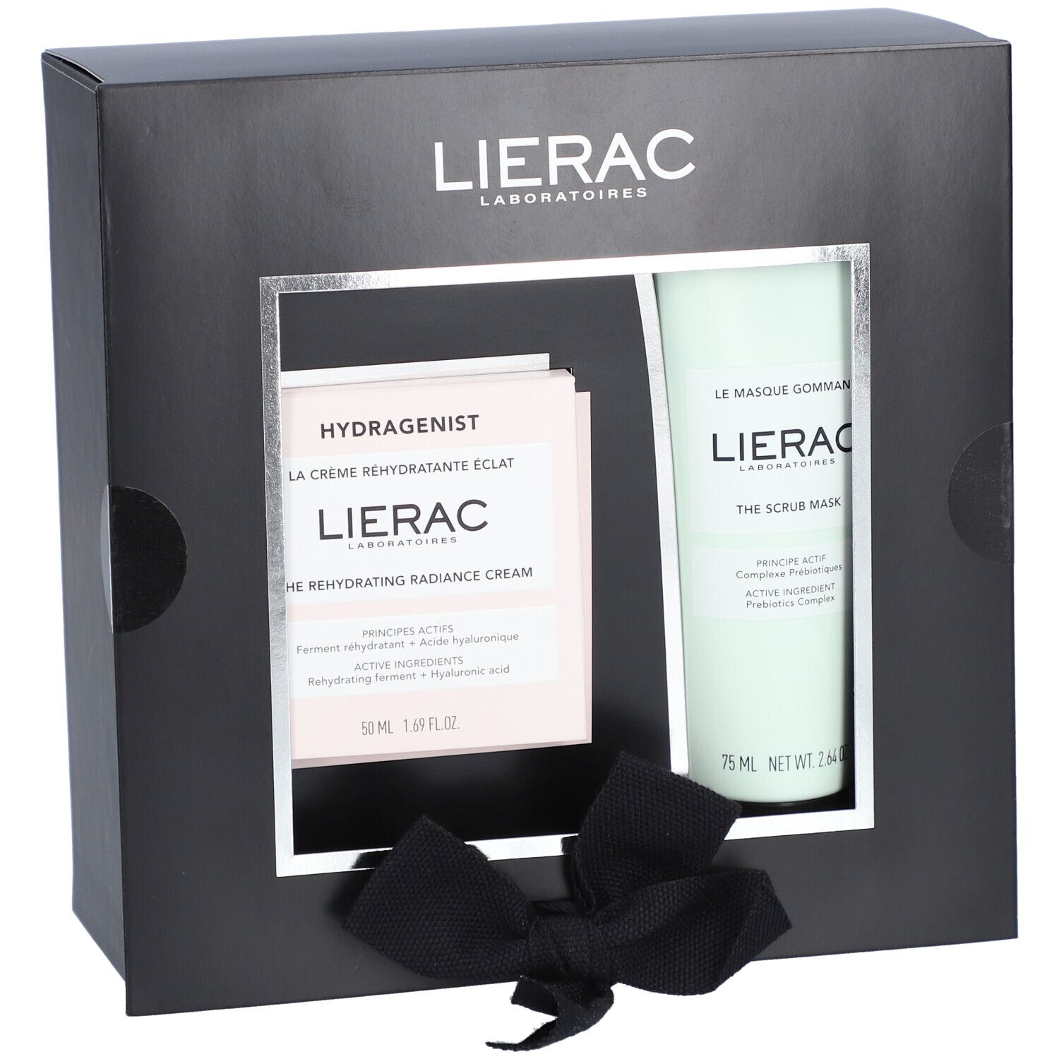 Coffret noir avec crème Hydragenist et masque gommant. Logo Lierac. Ruban noir. Gros plan.