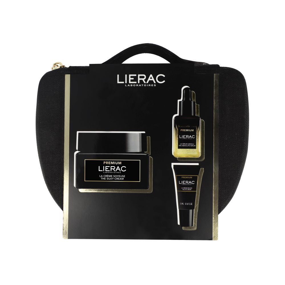 Zwarte toilettas met Lierac-producten. Bevat crème, serum en oogcrème. Zwarte verpakking met gouden accenten.