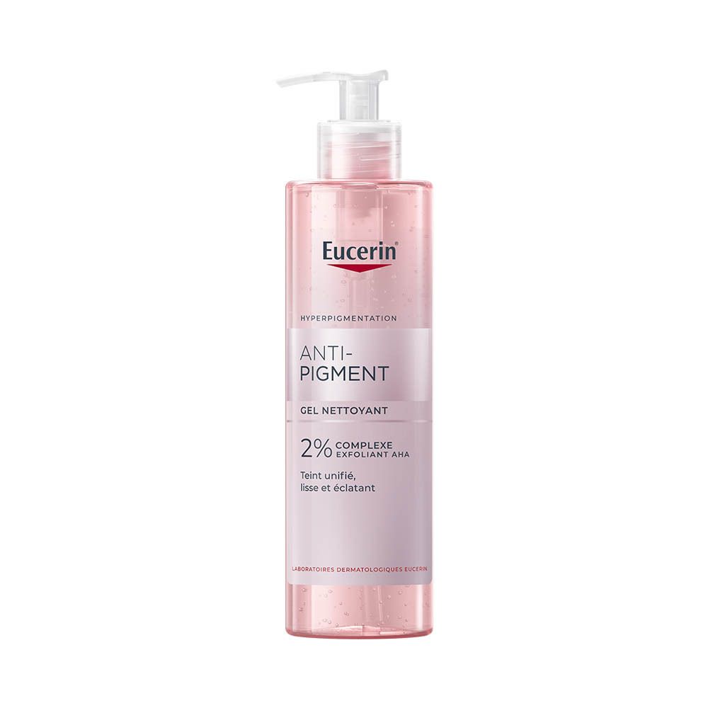 Gel Nettoyant Anti-Pigment Eucerin. Flacon rose avec pompe. Texte et logo.