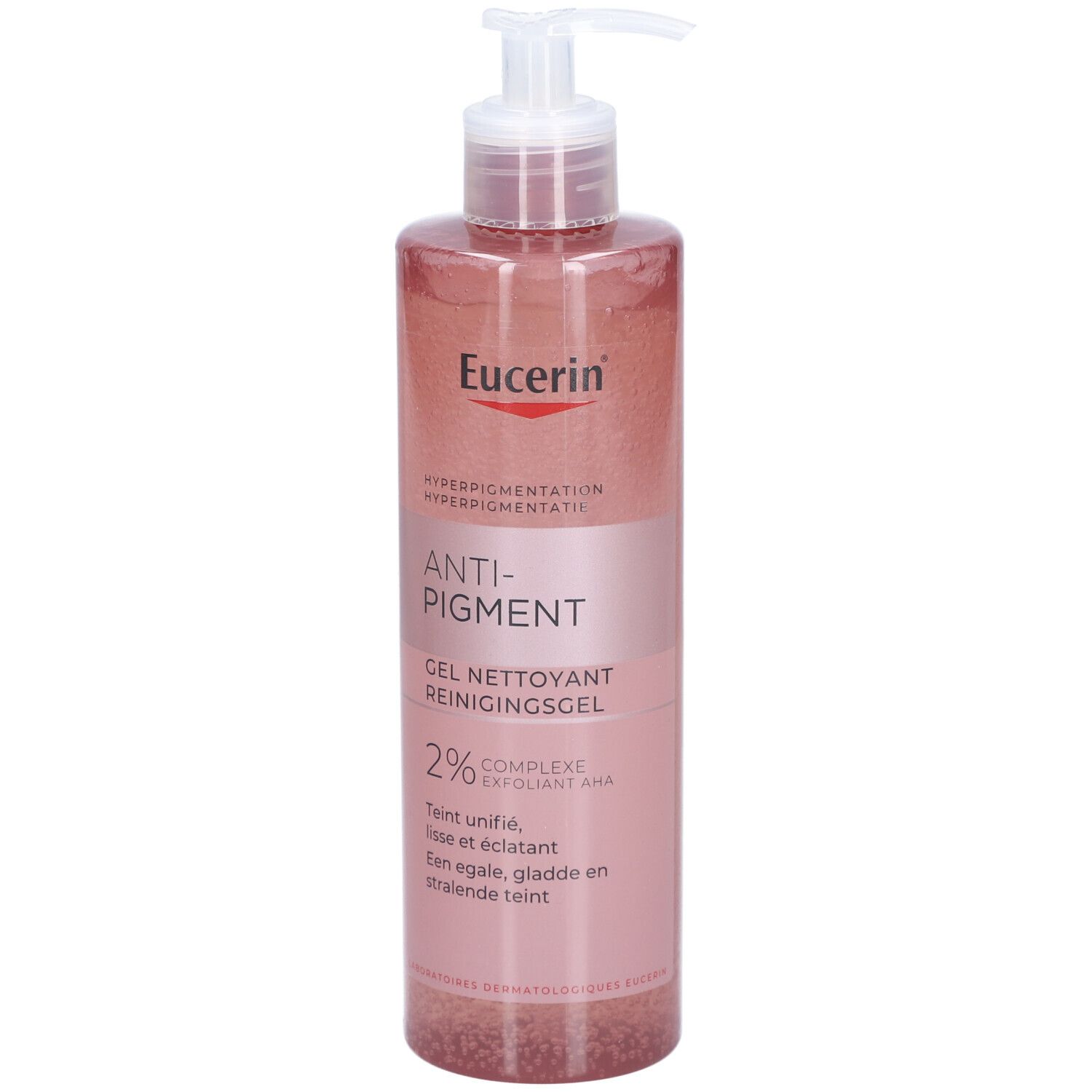 Gel Nettoyant Anti-Pigment Eucerin. Flacon rose avec pompe. Texte et logo.