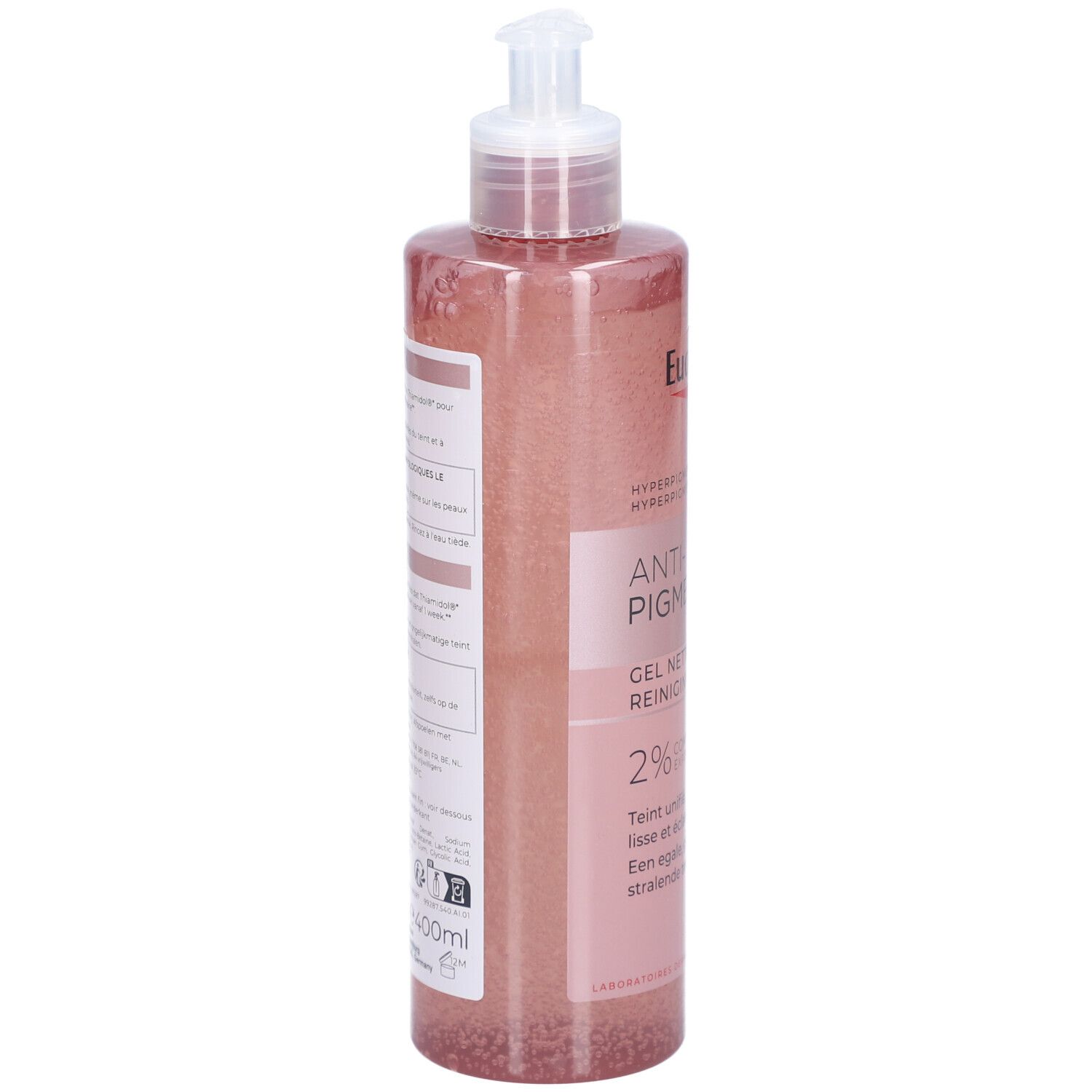 Eucerin Gel Nettoyant Anti-Pigment. Dos du flacon. Texte et logo.