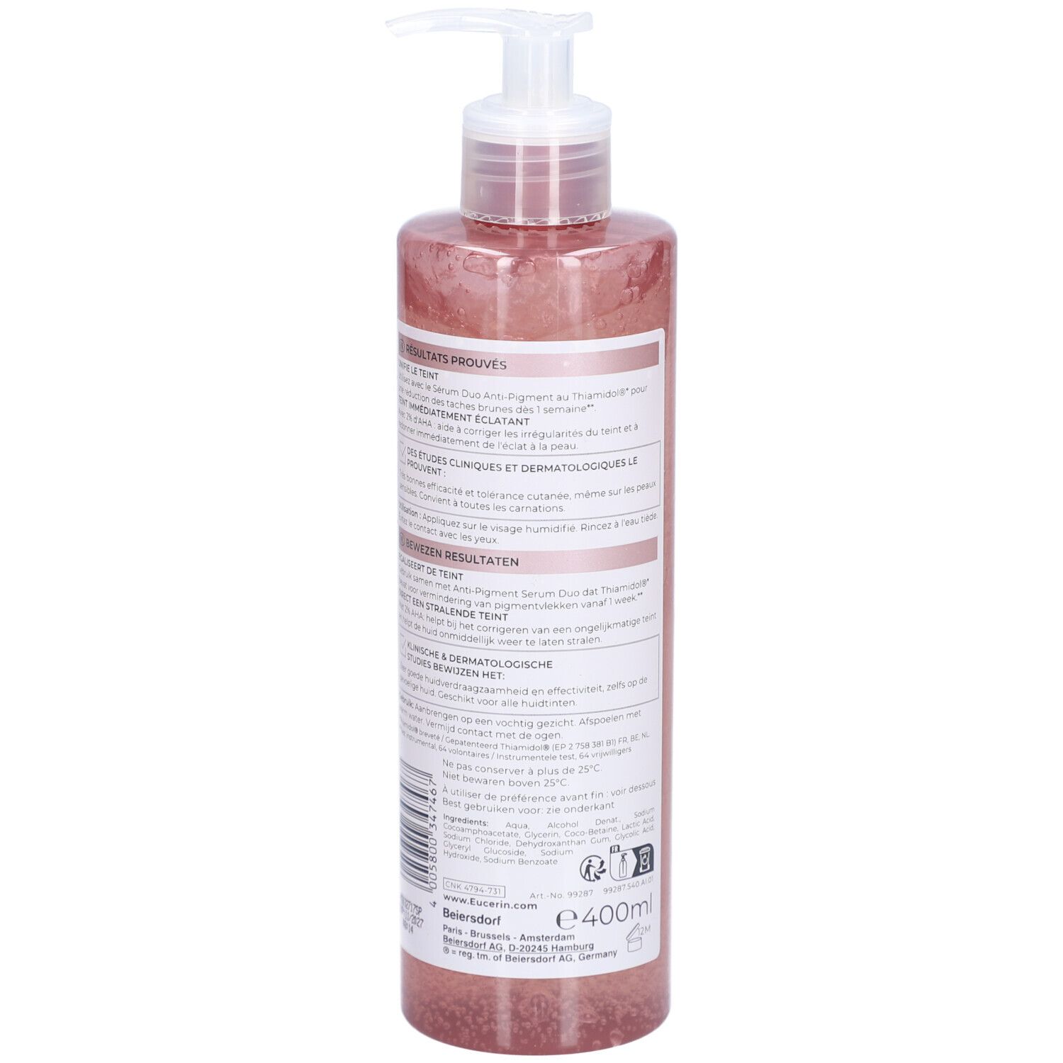 Eucerin Gel Nettoyant Anti-Pigment. Dos du flacon. Texte et logo.