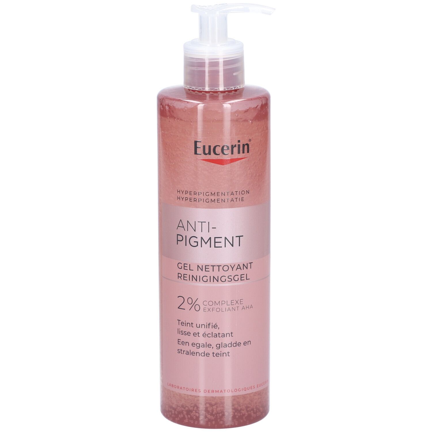 Gel Nettoyant Anti-Pigment Eucerin. Flacon rose avec pompe. Texte et logo.