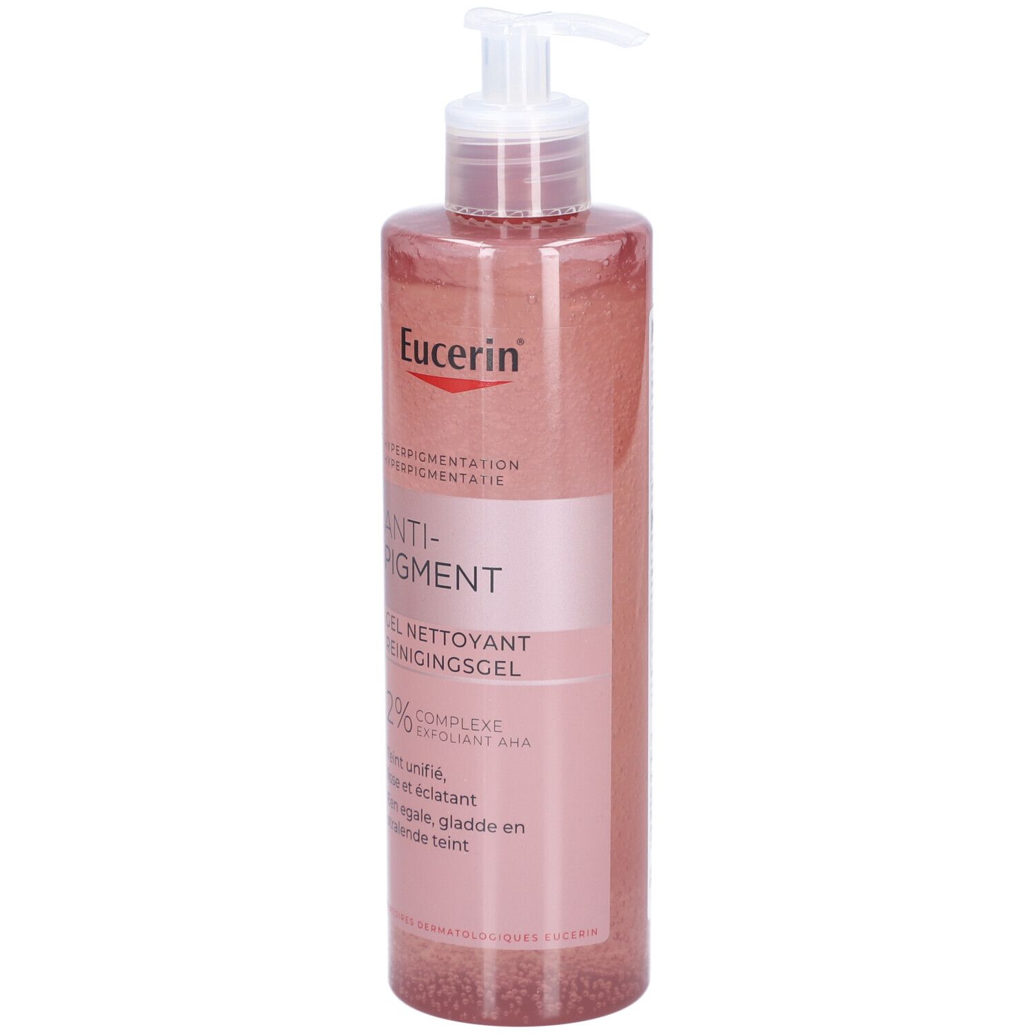 Gel Nettoyant Anti-Pigment Eucerin. Flacon rose avec pompe. Texte et logo.