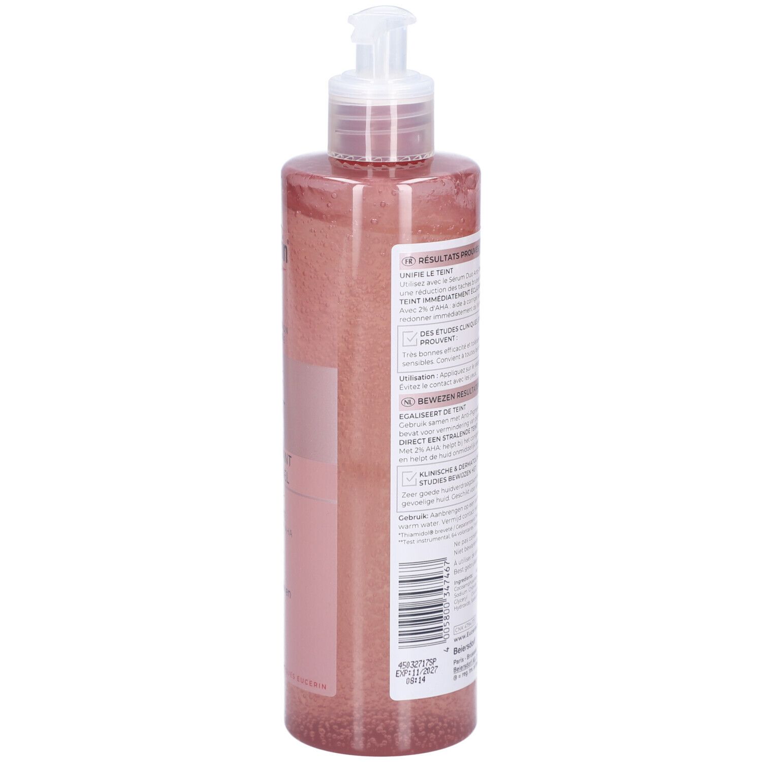 Eucerin Gel Nettoyant Anti-Pigment. Dos du flacon. Texte et logo.