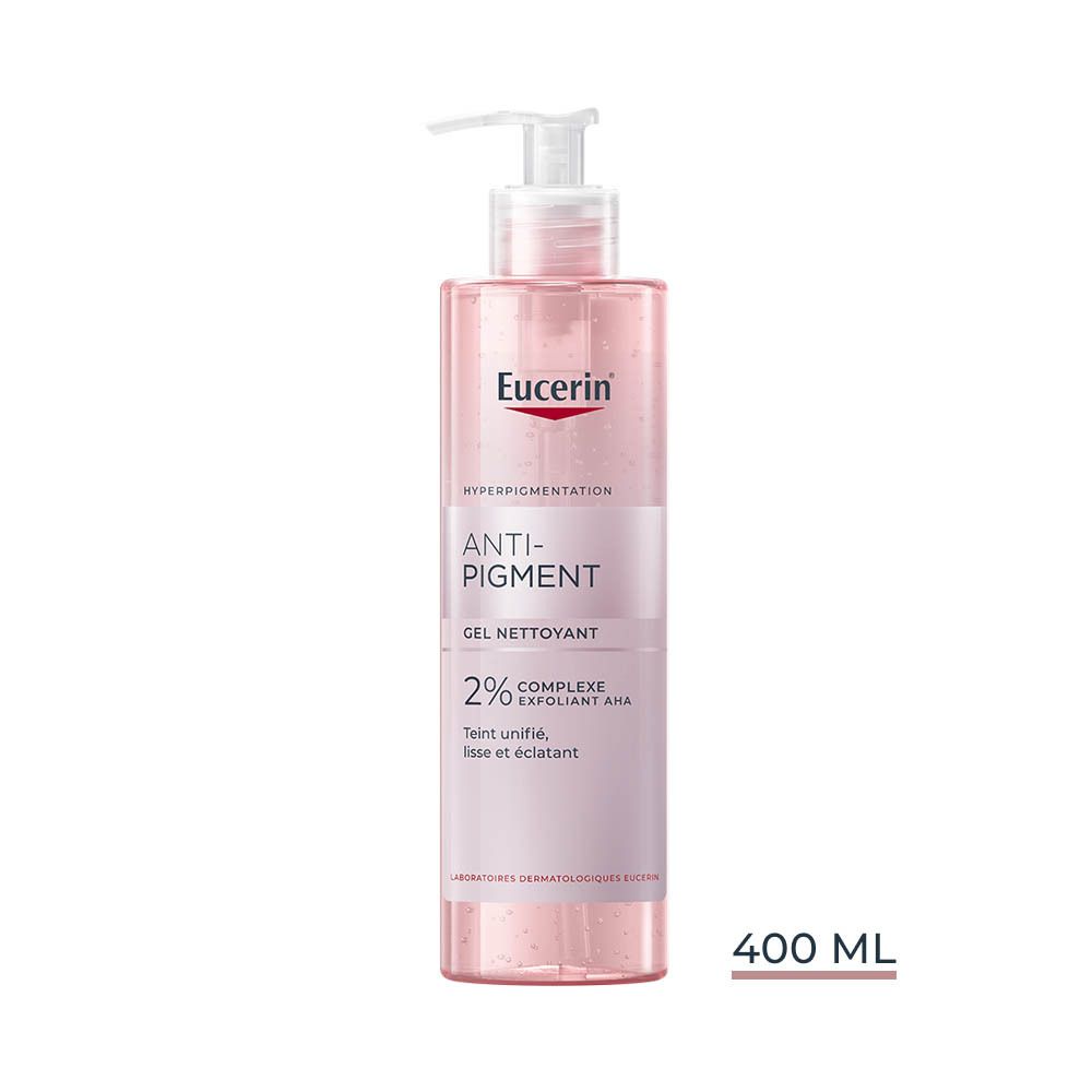 Gel Nettoyant Anti-Pigment Eucerin. Flacon rose avec pompe. Texte et logo.