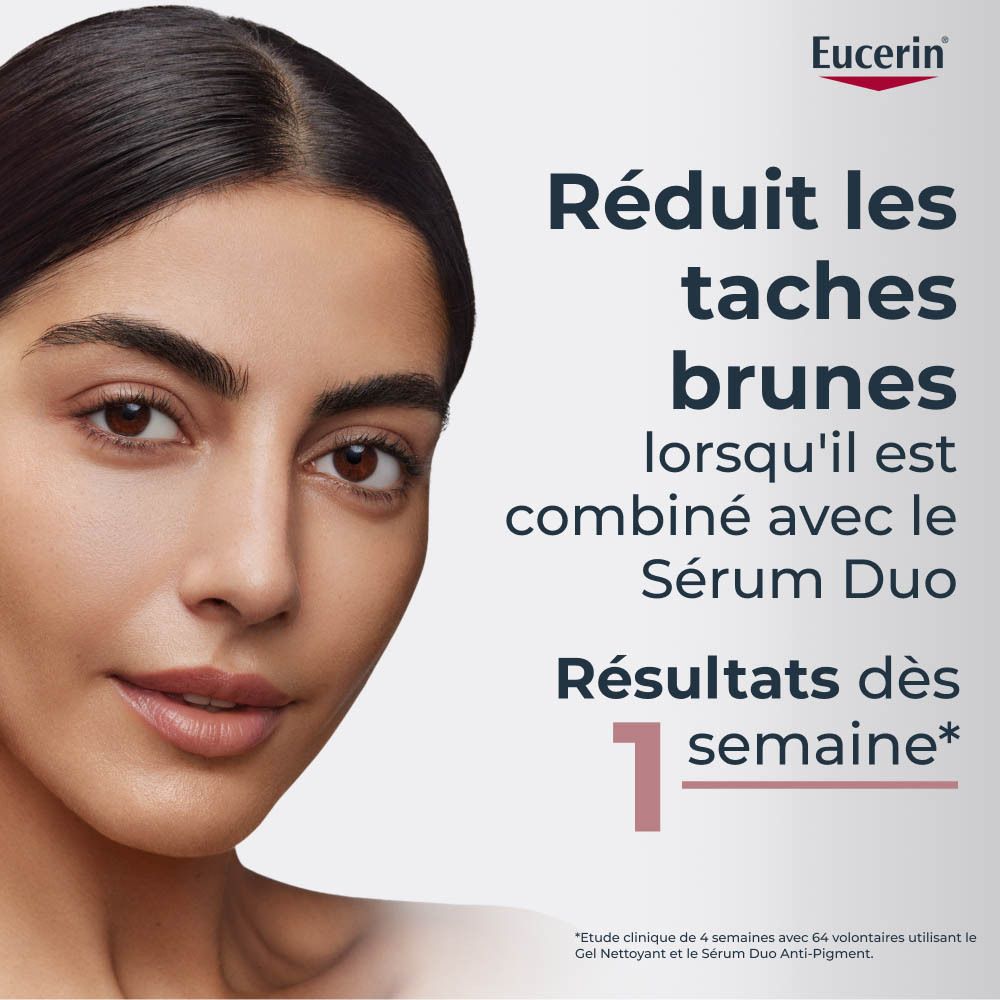Femme avec peau. Texte: Réduit les taches brunes. Résultats dès 1 semaine.