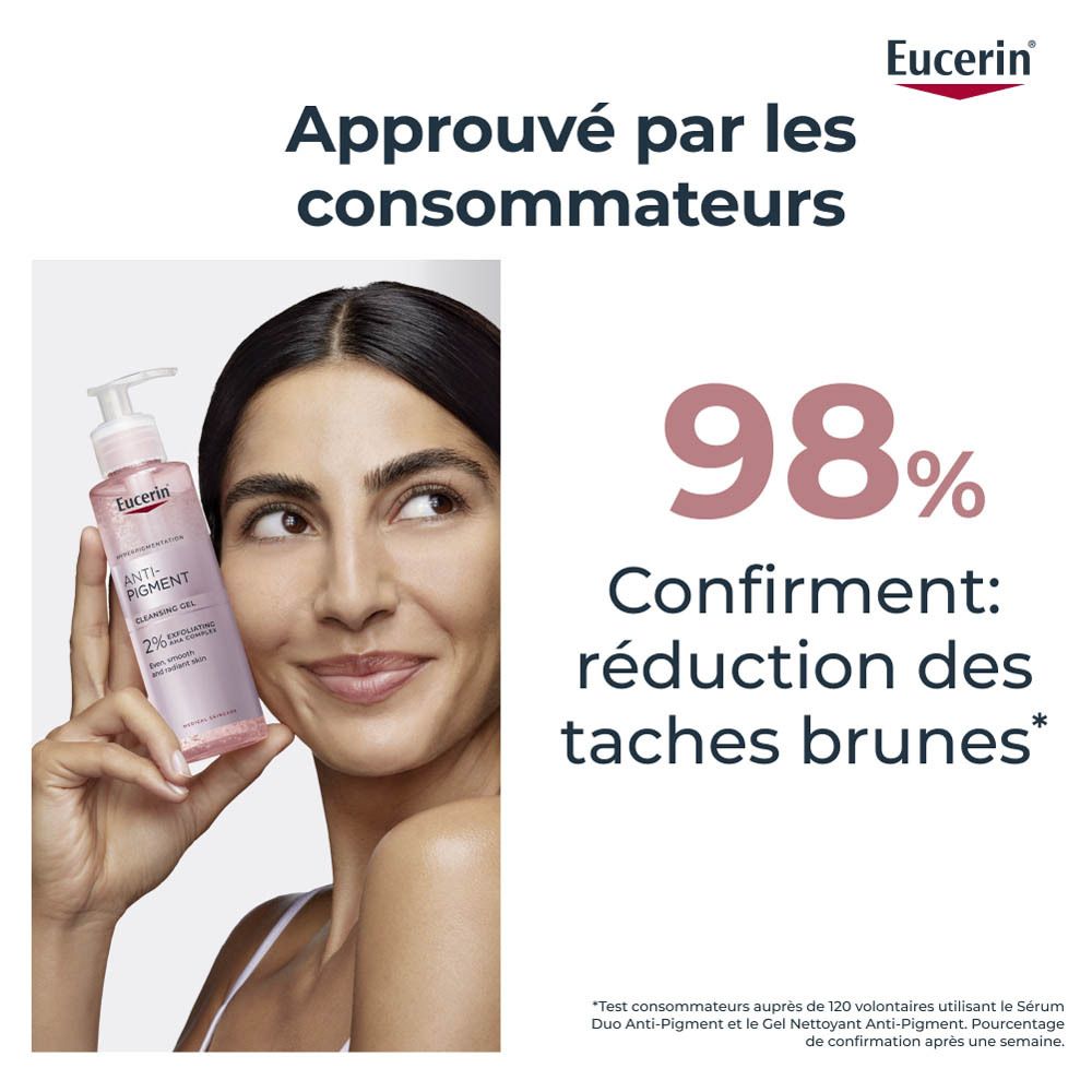 Femme avec peau. Texte: 98% confirment: réduction des taches brunes.