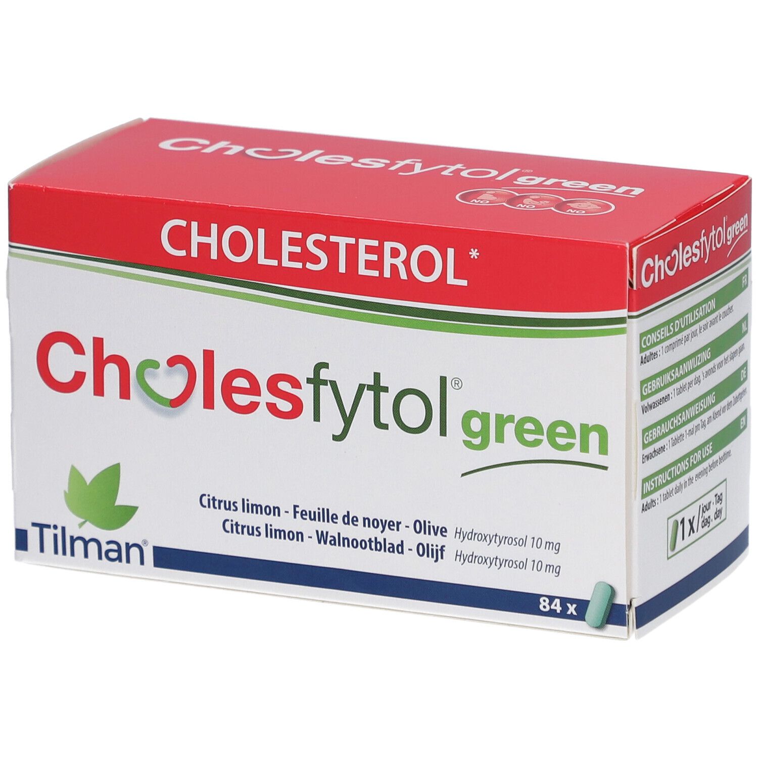 Cholesfytol® Grün-verpakking, rood en wit. Productnaam en ingrediënten. 84 tabletten.