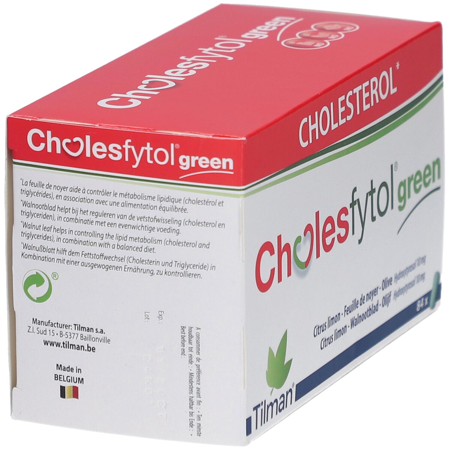 Cholesfytol® Grün-verpakking, rood en wit. Productinformatie. Gemaakt in België.