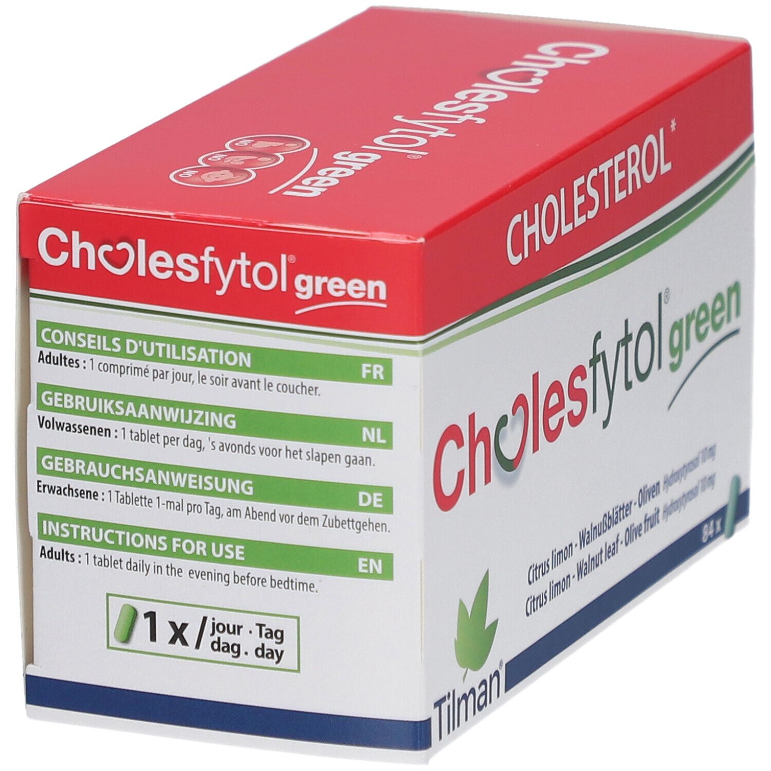 Cholesfytol® Grün-verpakking, rood en wit. Gebruiksaanwijzing. 84 tabletten.