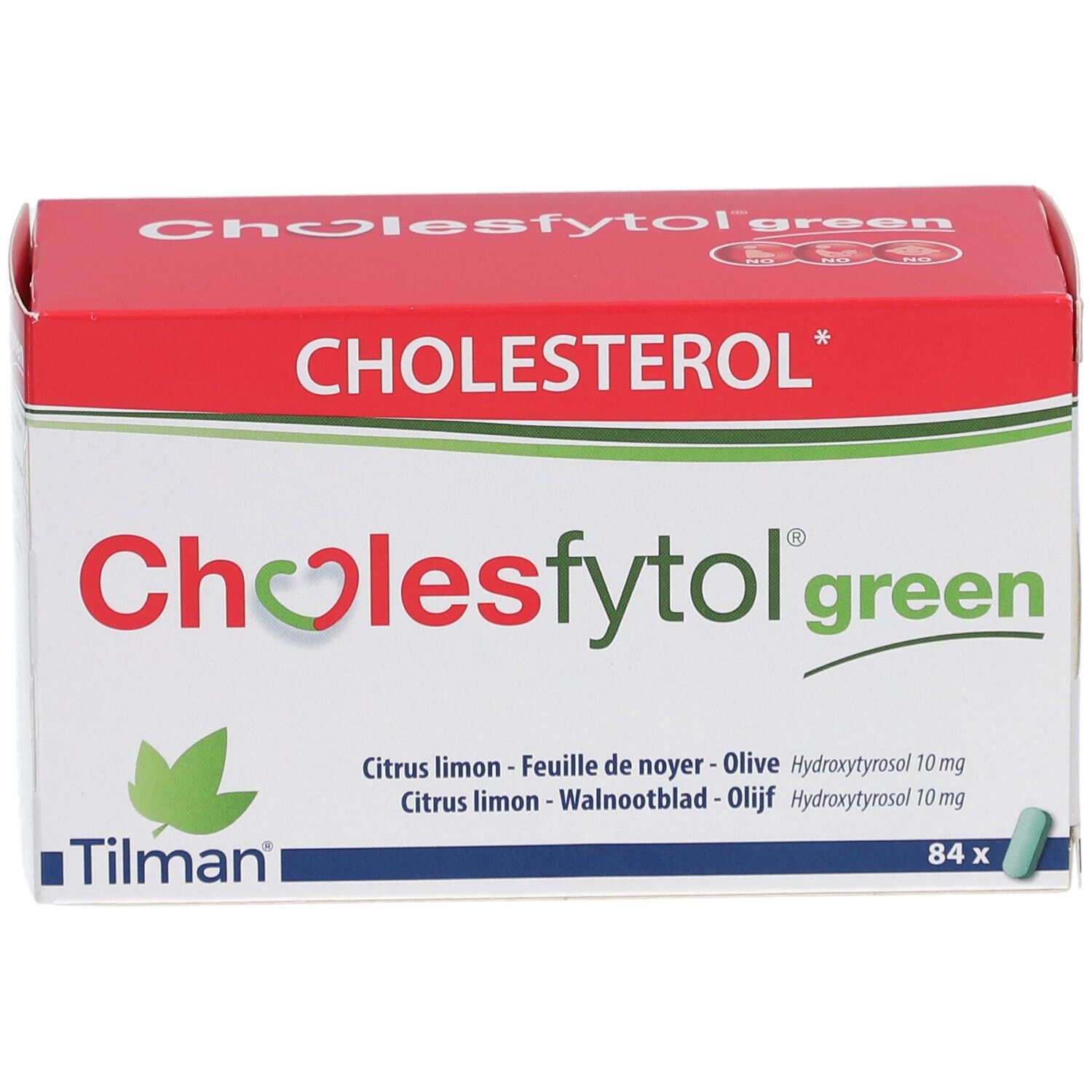 Cholesfytol® Grün-verpakking, rood en wit. Productnaam en ingrediënten. 84 tabletten.