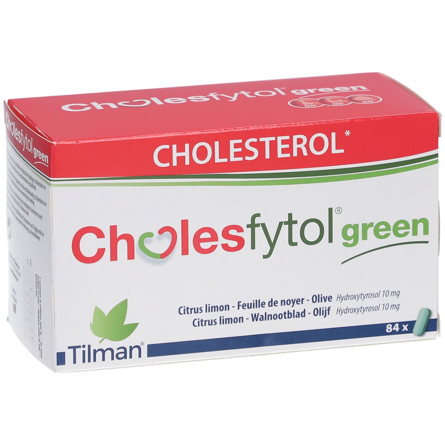 Cholesfytol® Grün-verpakking, rood en wit. Productnaam en ingrediënten. 84 tabletten.