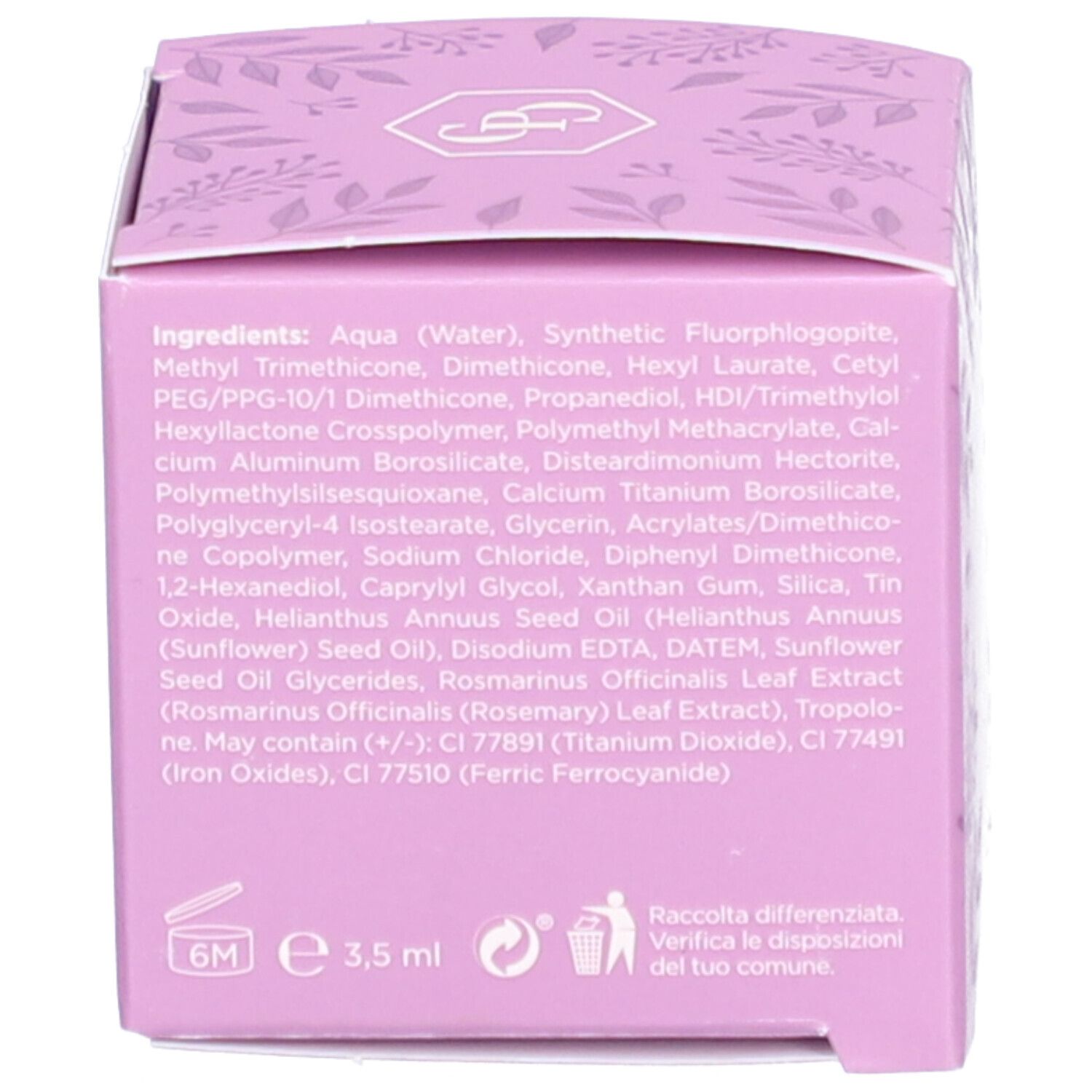 Dos d'une boîte lilas avec ingrédients. Informations imprimées telles que "6M" et "3,5 ml".