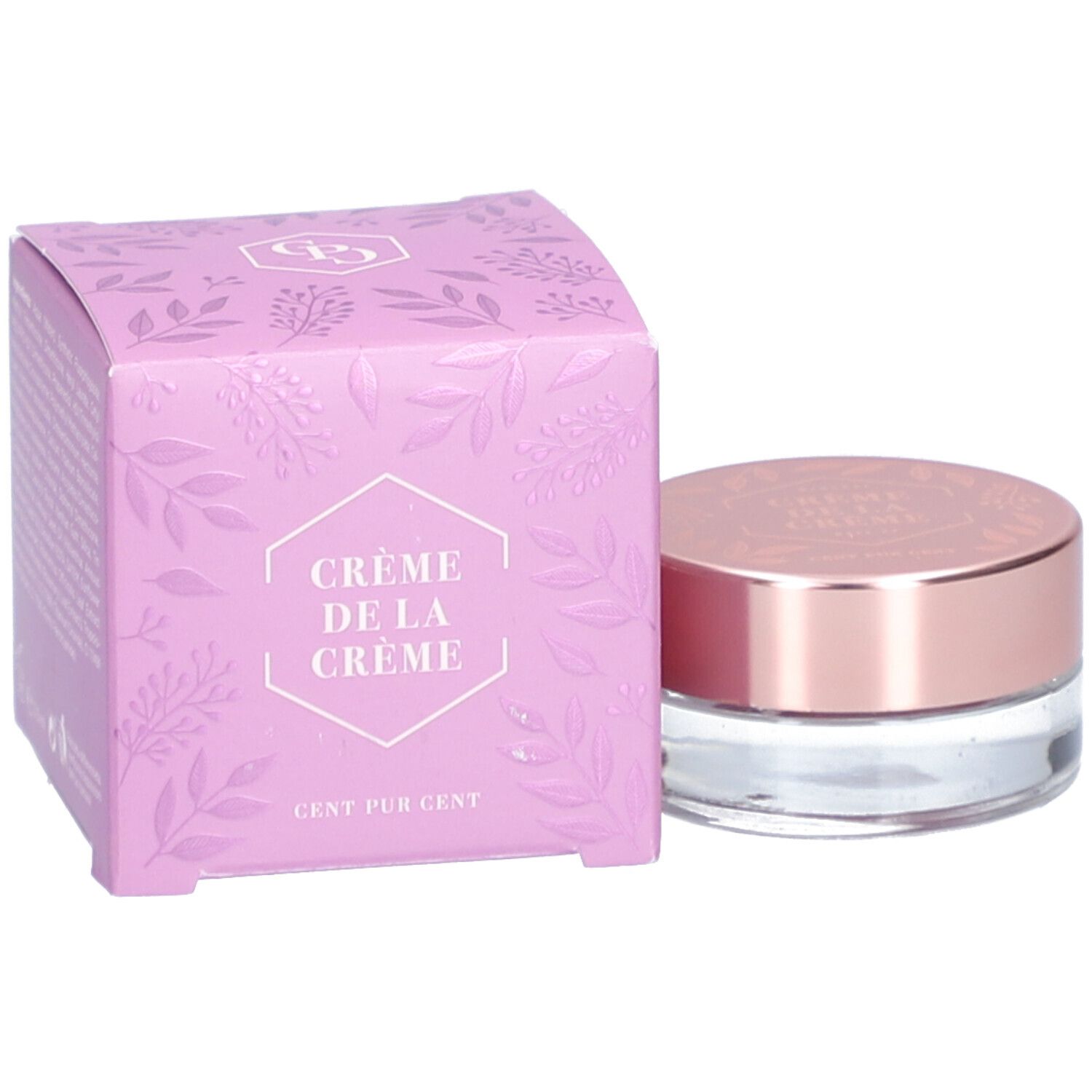 Crème lila dans un pot en verre avec un couvercle en or rose et une boîte assortie. "Crème de la Crème" est écrit sur la boîte.