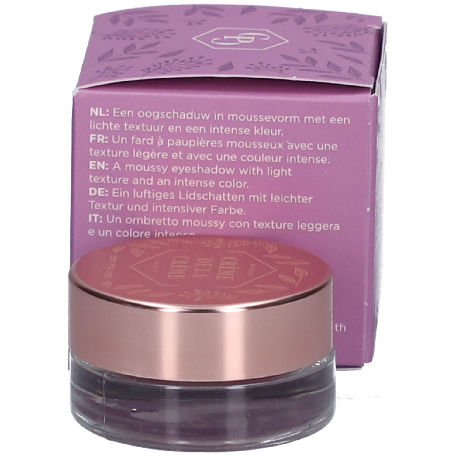 Crème lila dans un pot en verre avec un couvercle en or rose. À côté, un échantillon de couleur de la crème.