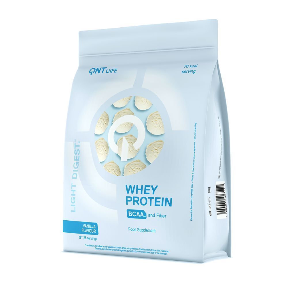 LIGHT DIGEST WHEY PROTEIN Beutel, Vanille-Geschmack. QNT LIFE Logo. Text: WHEY PROTEIN, BCAA and Fiber, Food Supplement. 76 servings.