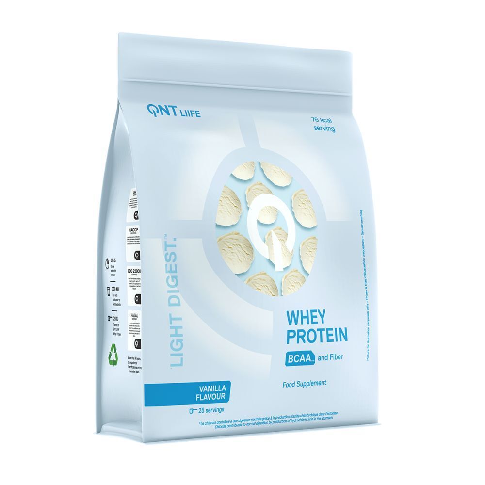 LIGHT DIGEST WHEY PROTEIN Beutel, Vanille-Geschmack. QNT LIFE Logo. Text: WHEY PROTEIN, BCAA and Fiber, Food Supplement. 76 servings.
