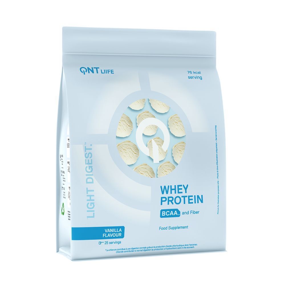 LIGHT DIGEST WHEY PROTEIN Beutel, Vanille-Geschmack. QNT LIFE Logo. Text: WHEY PROTEIN, BCAA and Fiber, Food Supplement. 76 servings.