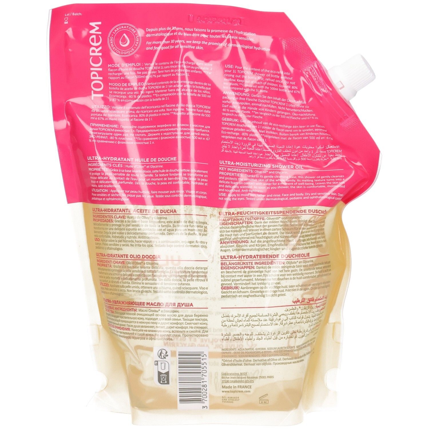 Rückseite eines TOPICREM Duschöl Nachfüllbeutels mit Produktinformationen und Barcode.