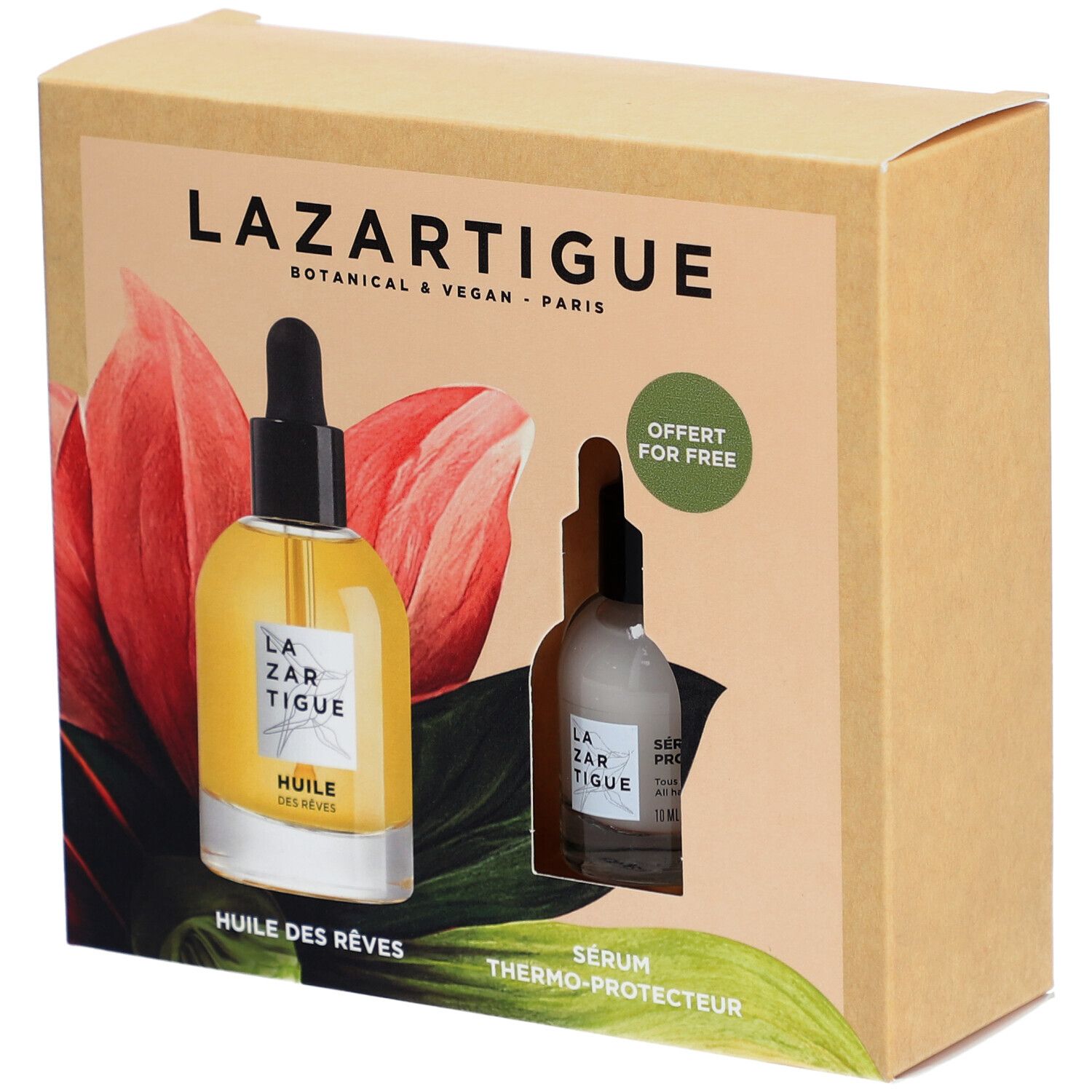 Coffret avec deux flacons. Un avec liquide jaune, l'autre avec liquide blanc. Texte: Lazartigue, Huile des Rêves, Sérum Thermo-Protecteur.