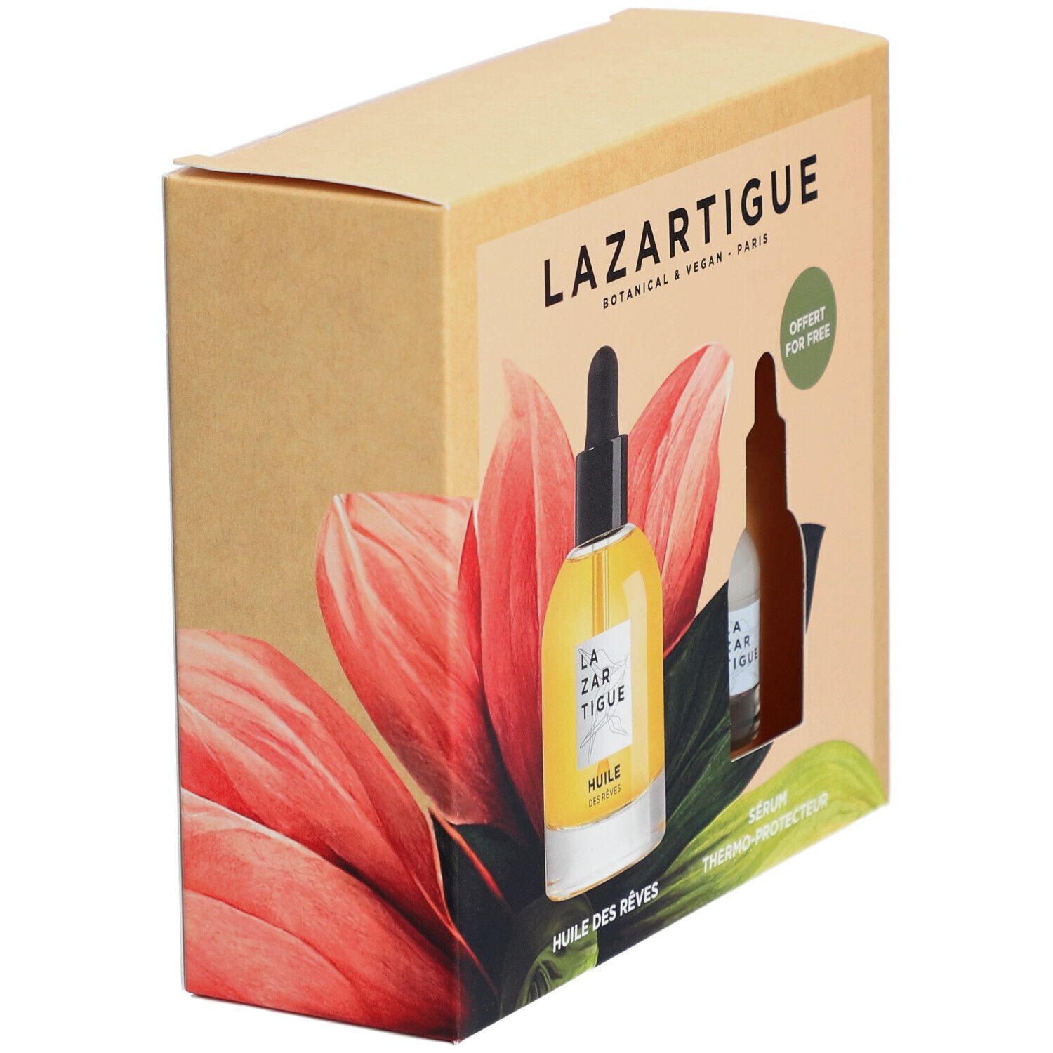 Coffret avec deux flacons. Un avec liquide jaune, l'autre avec liquide blanc. Texte: Lazartigue, Huile des Rêves, Sérum Thermo-Protecteur.