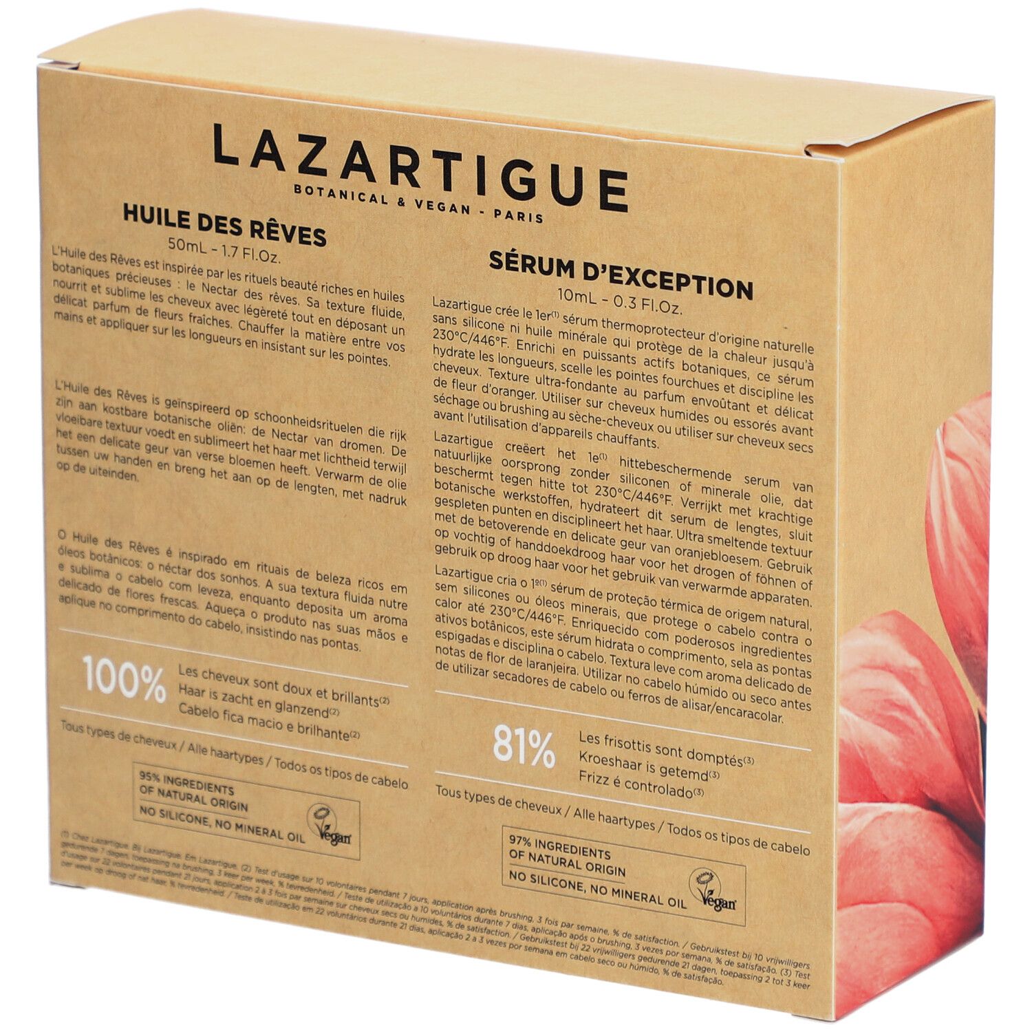 Dos du coffret cadeau. Texte: Lazartigue, Huile des Rêves, Sérum d'Exception. Ingrédients en allemand, français, néerlandais et italien.