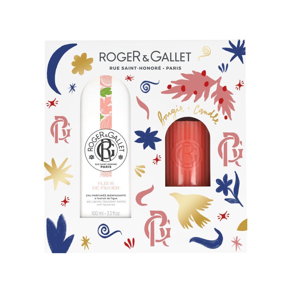 Geschenkset met Eau Parfumée en kaars. Witte verpakking met bloemmotieven en logo. Eau Parfumée fles en kaars zichtbaar.