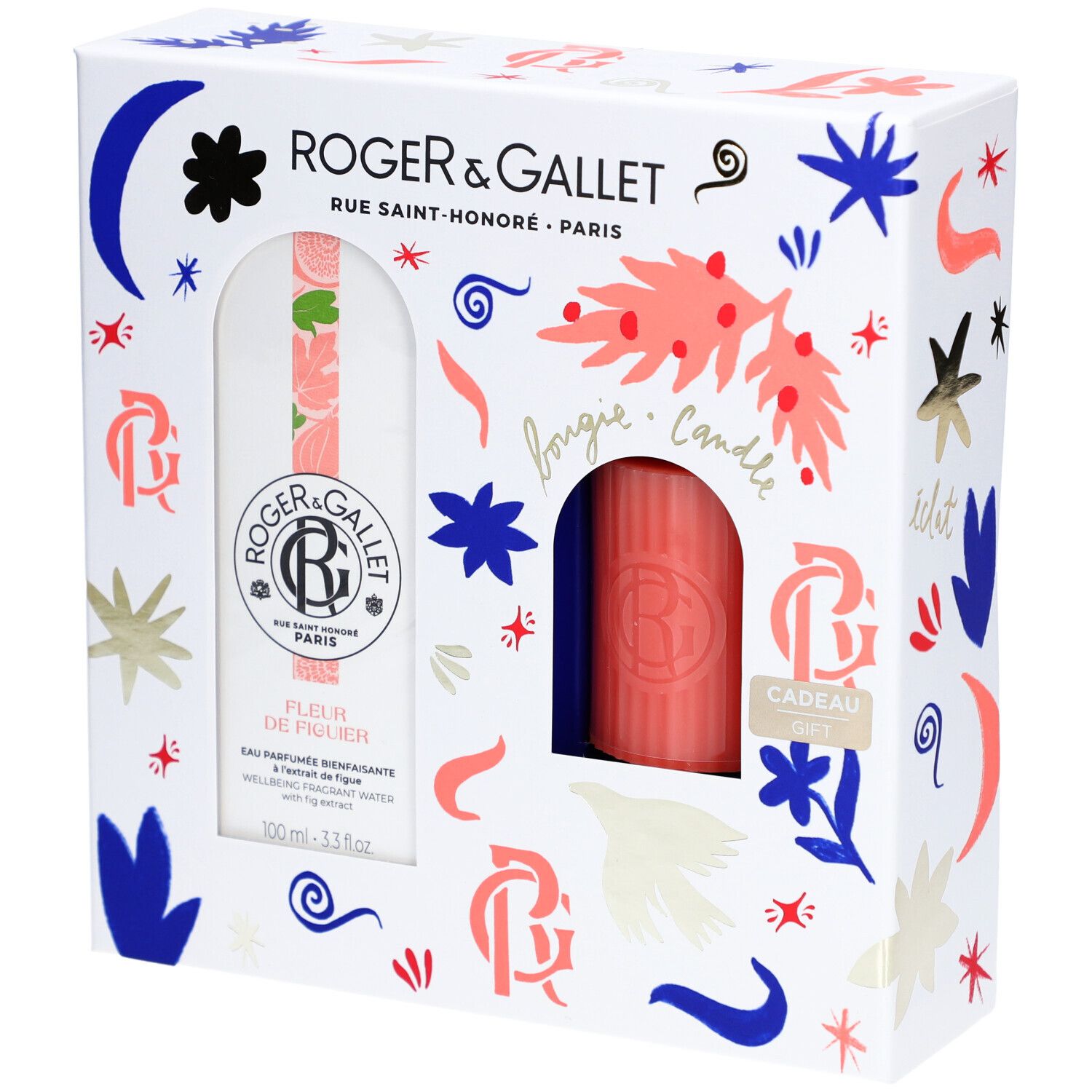 Geschenkset met Eau Parfumée en kaars. Witte verpakking met bloemmotieven en logo. Eau Parfumée fles en kaars zichtbaar.