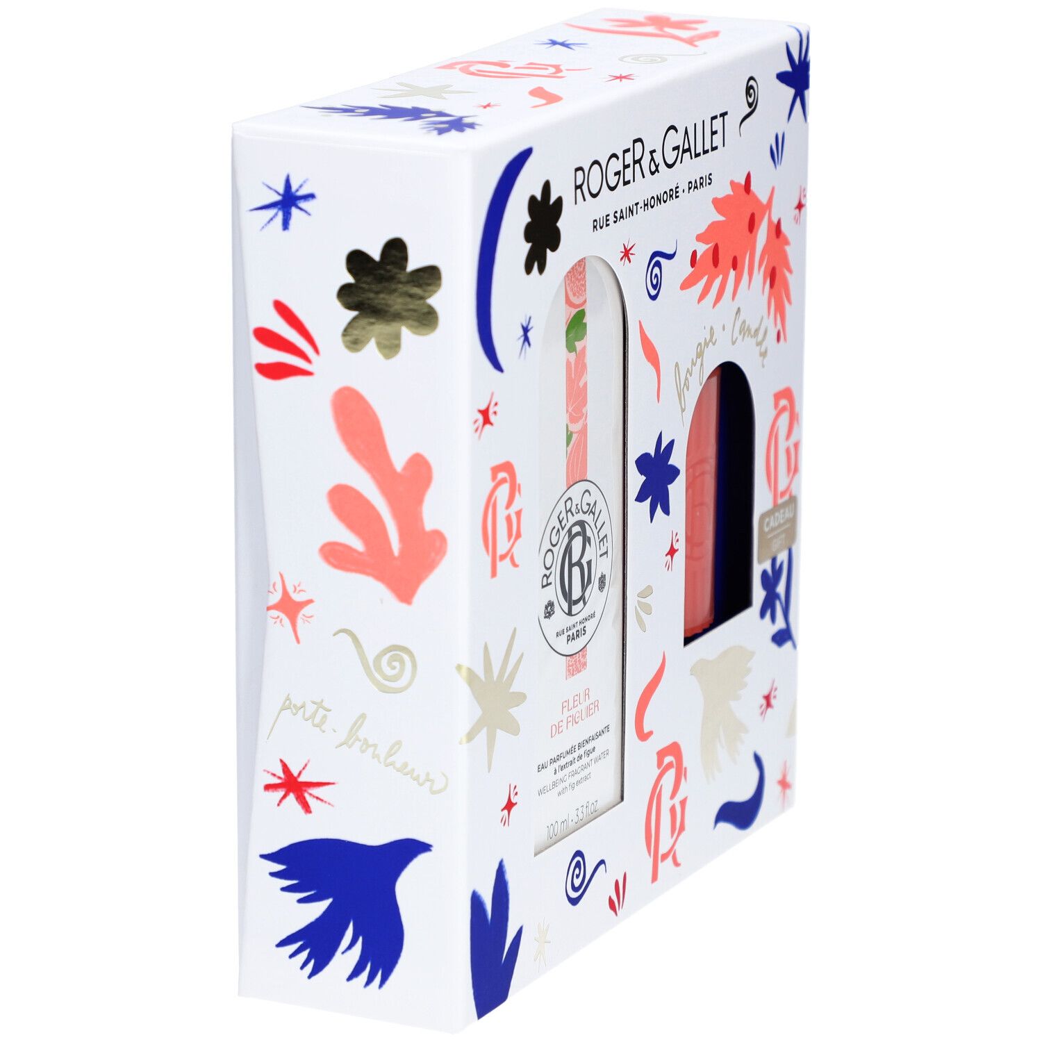 Geschenkset met Eau Parfumée en kaars. Witte verpakking met bloemmotieven en logo. Eau Parfumée fles en kaars zichtbaar.