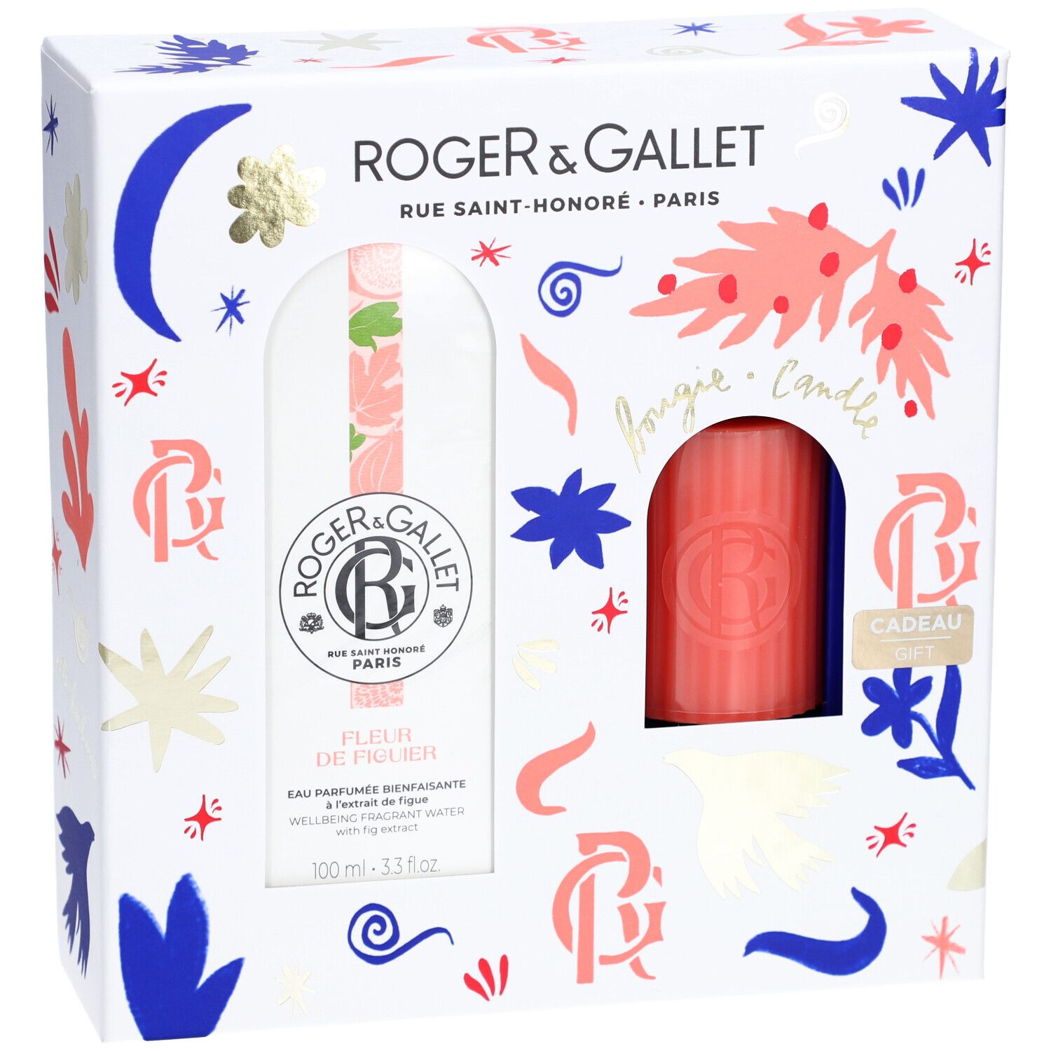 Geschenkset met Eau Parfumée en kaars. Witte verpakking met bloemmotieven en logo. Eau Parfumée fles en kaars zichtbaar.