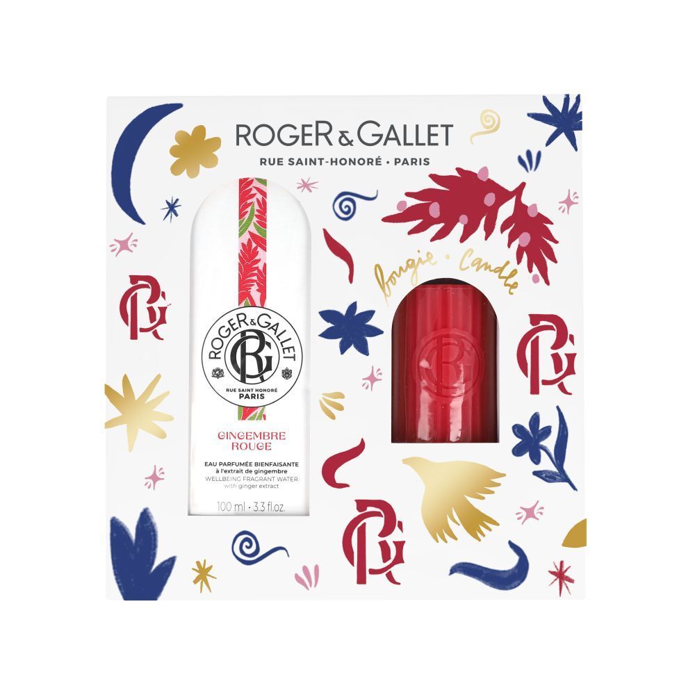 Cadeauset met Eau Parfumée en kaars. Witte verpakking met decoratieve elementen en productnamen.